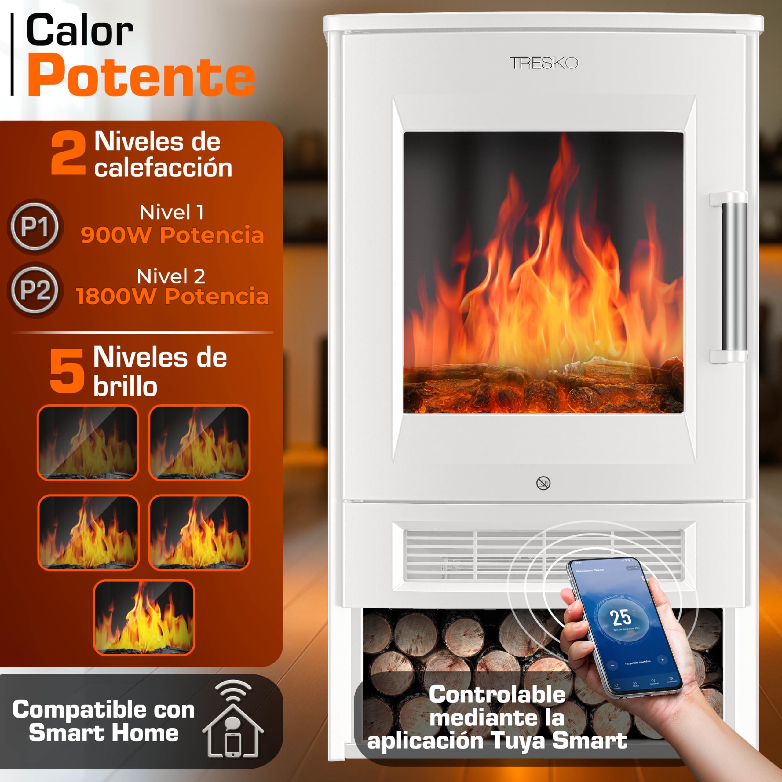 TRESKO Chimenea eléctrica 1800W Smart Home WiFi Mando Estufa Efecto Llama LED Pantalla LCD Termostato Calefacción ventilado Blanco