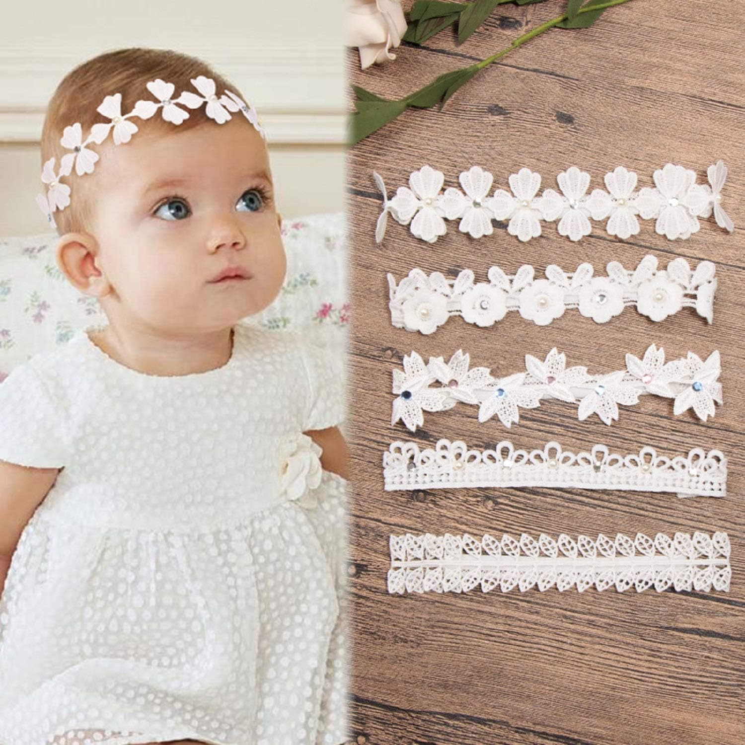 5 Pack Baby Girl Headbands and Hair Bows Accessories Lace Flowers Soft Nylon Hairbands Floral Head Wraps for Newborn Infant Toddler, One Size