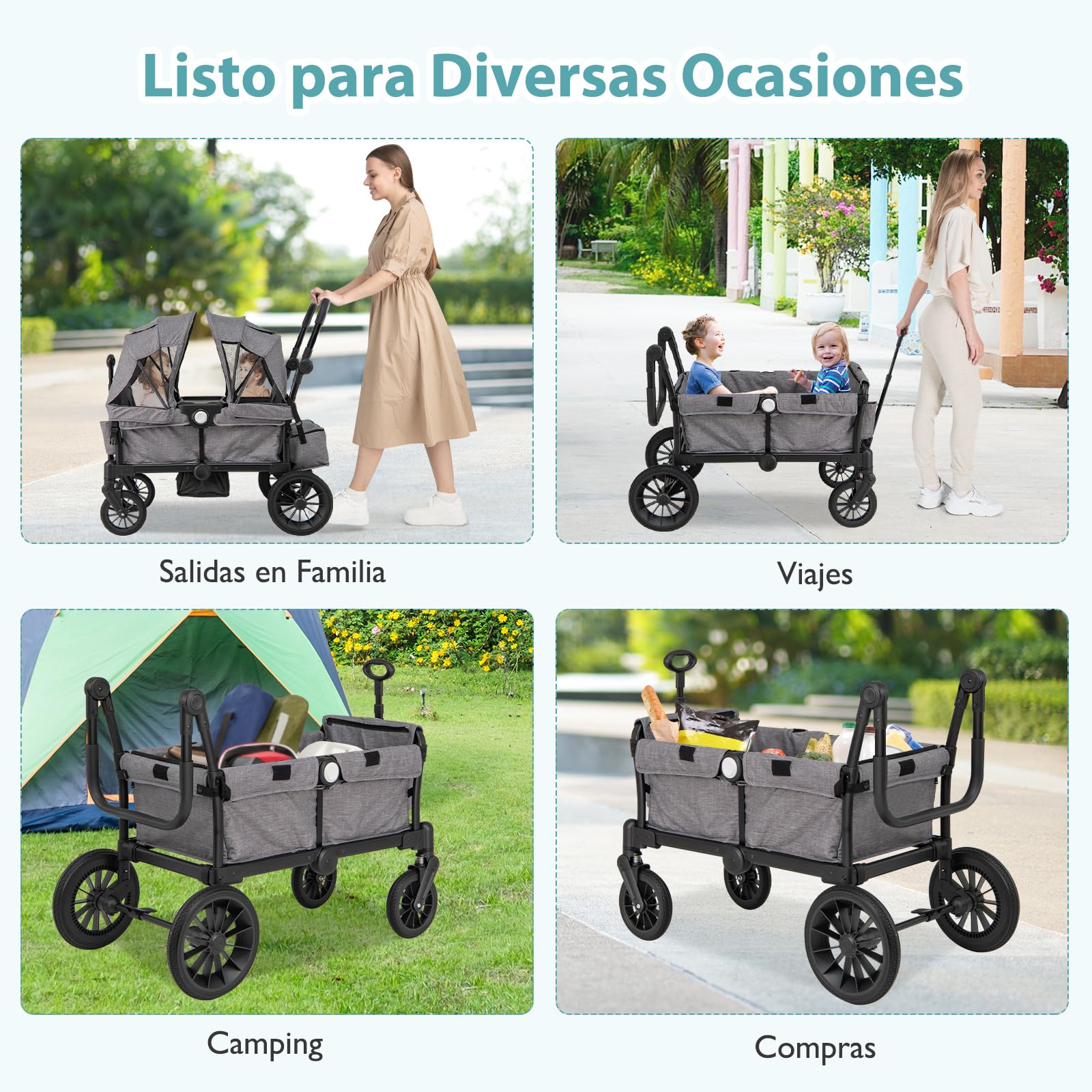 COSTWAY Carro Plegable para 2 Niños, Carga 25 kg, Cochecito Doble con Manillar Ajustable, Capota Extraíble, Portavasos, Bandeja de Comida y Arnés de 3 Puntos, Cochecito para Bebés de 6+ Meses (Gris)