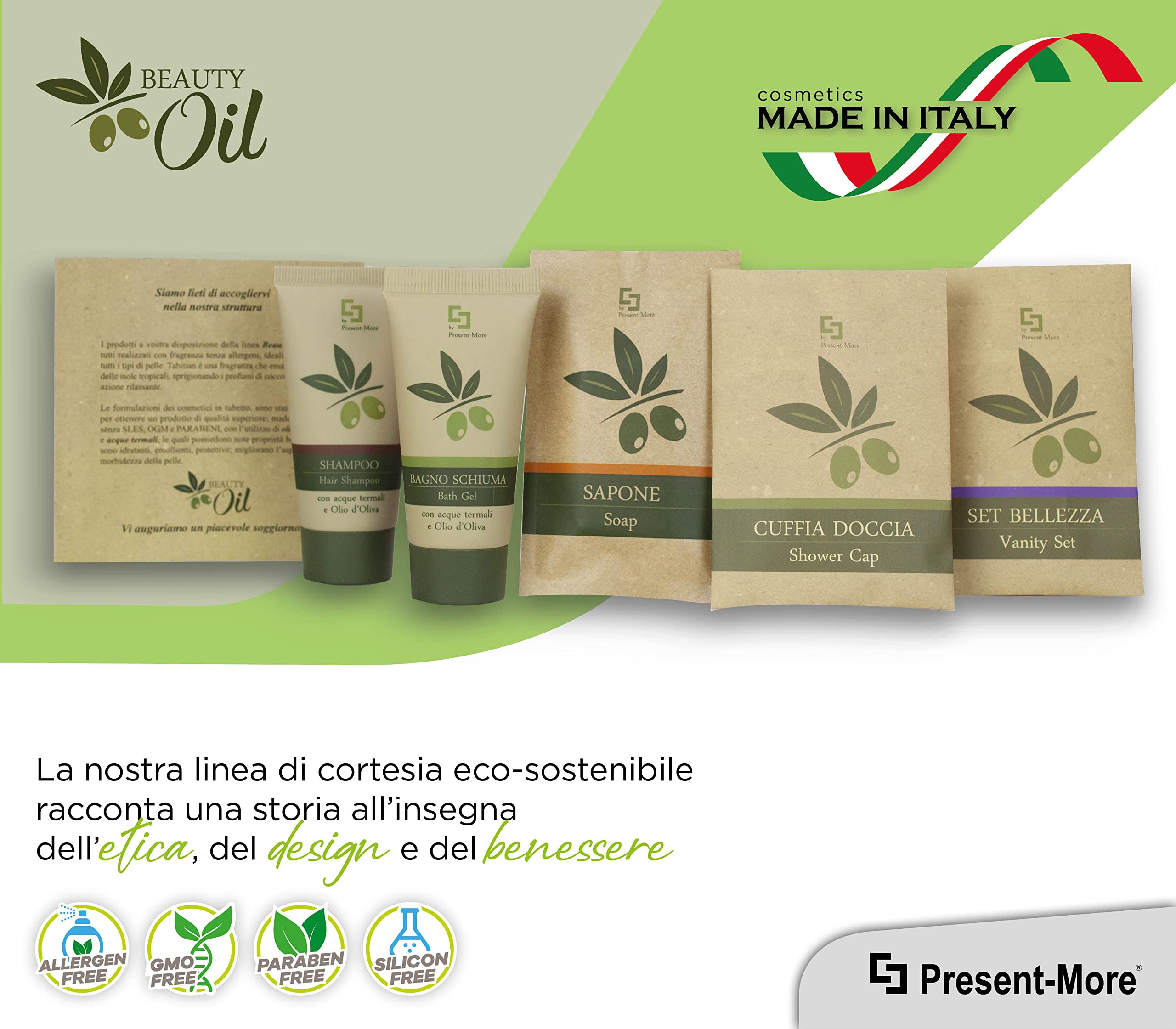 PRESENT-MORE - Set Cortesia 35 Ospiti Beauty Oil - Fragranza Tahitian - Contiene: Shampoo, Gel Doccia, Sapone, Cuffia e Vanity - Made in Italy - Per Hotel e B&B