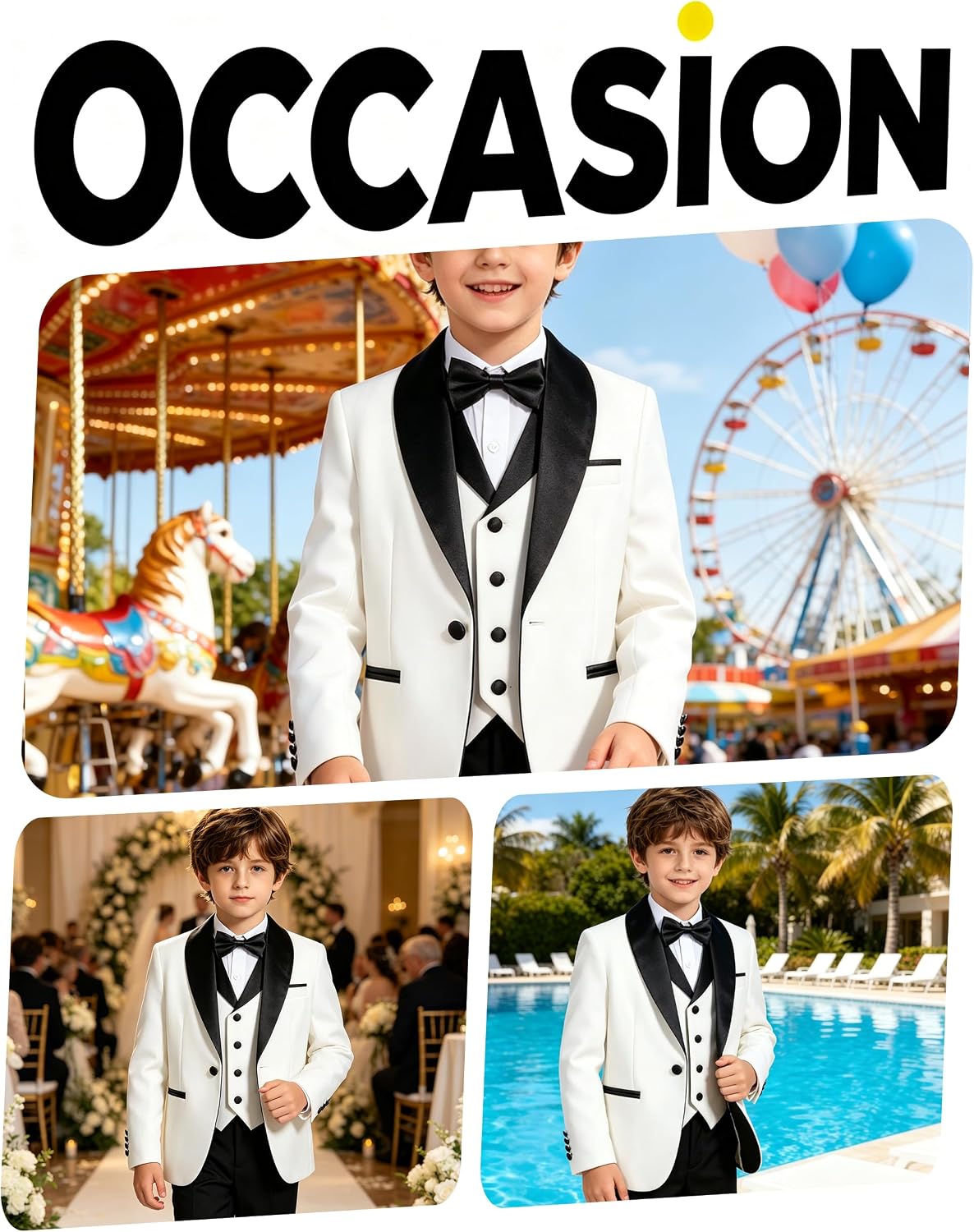 Boys Suit Set 3 Piece Shawl Lapel Tuxedo, Slim Fit Suits Jacket Vest Pants for Kids Wedding Formal Ring Bearer Outfit