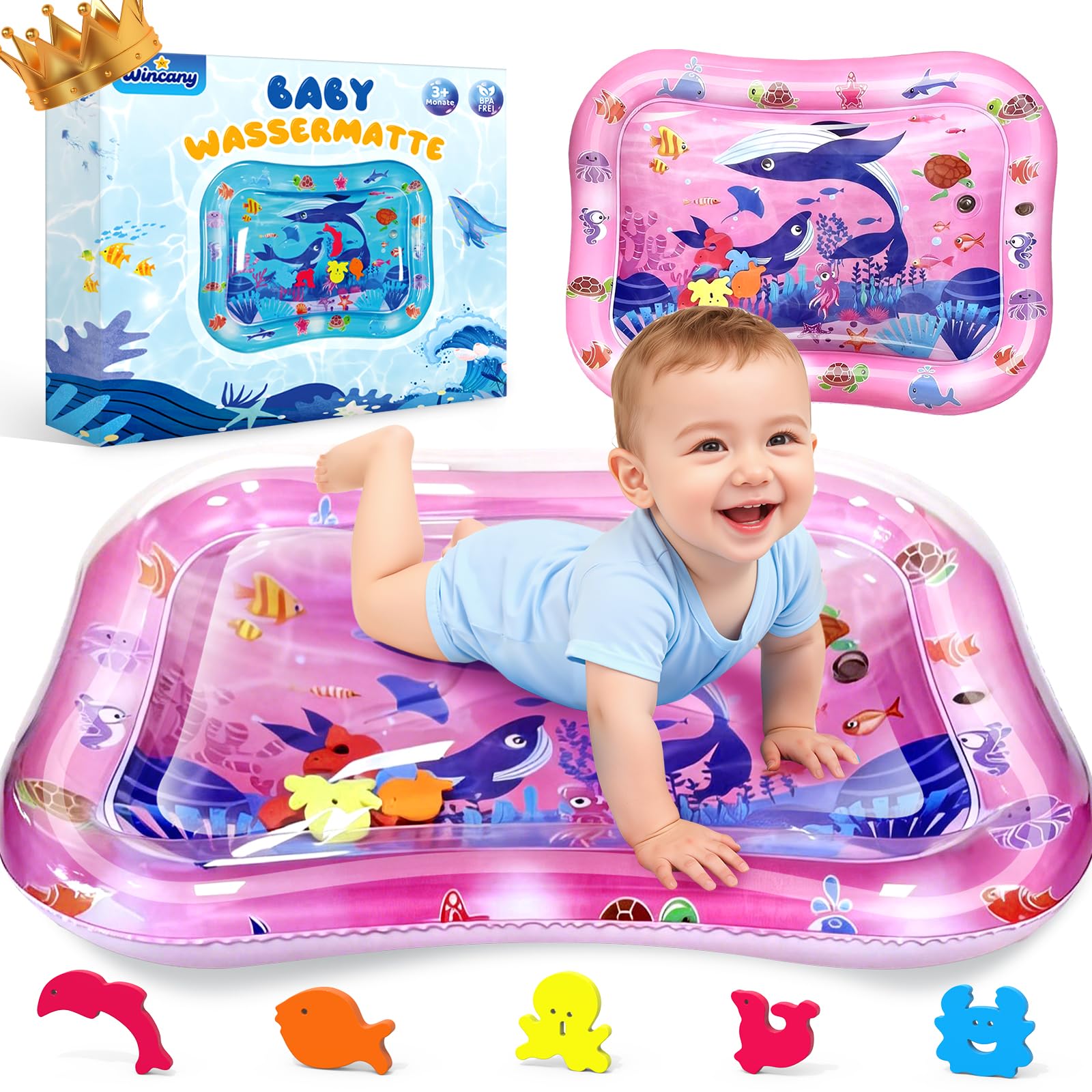 Wincany Wassermatte Baby, Baby Spielzeug 3-12 Monate, Spielmatte Baby, Wasserspielmatte BPA Frei Groß, Aufblasbare Bauchzeit Matte, Einzigartiges Unterwasserdesign, Babys Muskeln Stärken