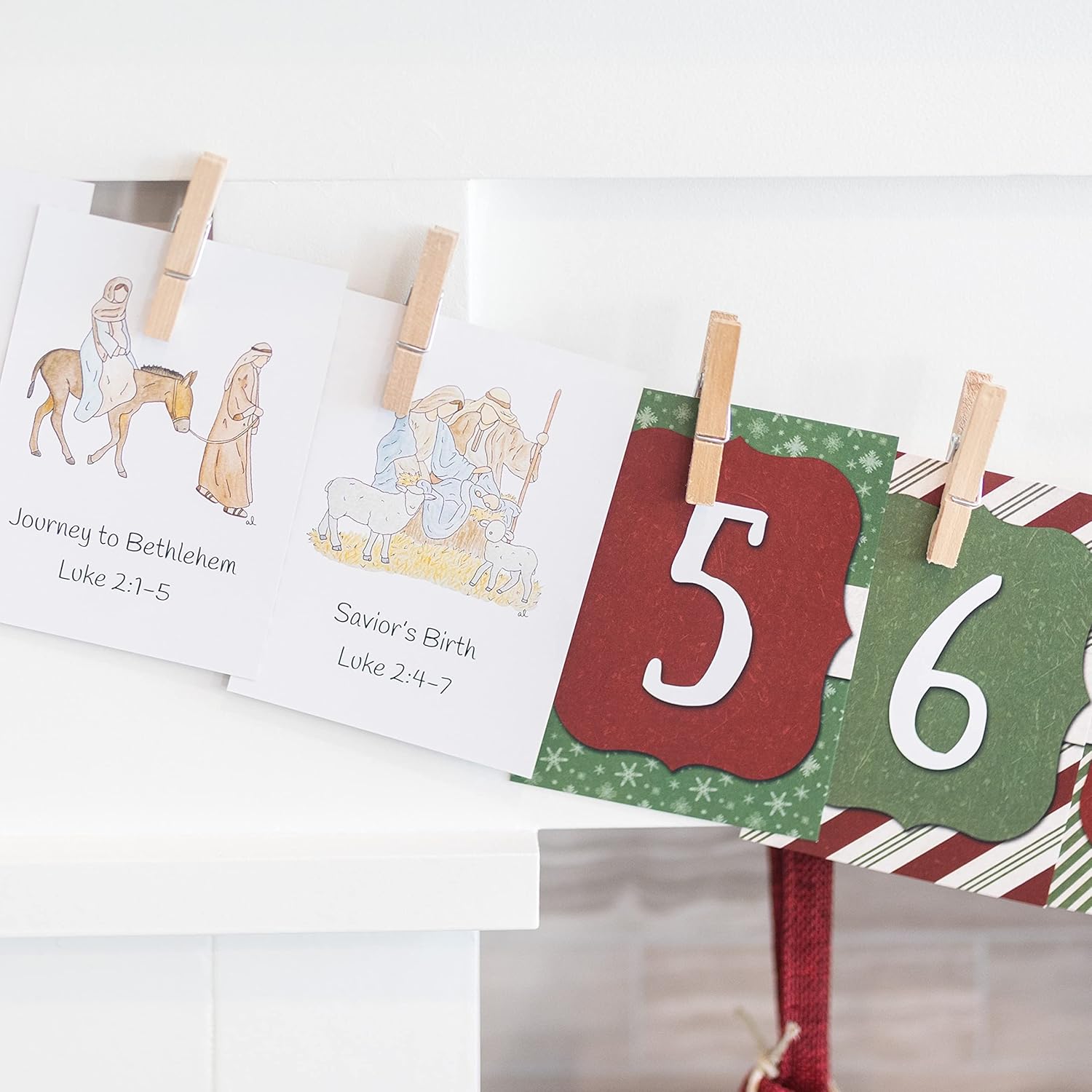 Christ Was Love Christ Centered Christmas Advent Calendars with Scriptures and Watercolor Images of Christ- 1 Twine Kit Box including 25 cards, 25 clothespins, and 6 feet of twine (Traditional Red &