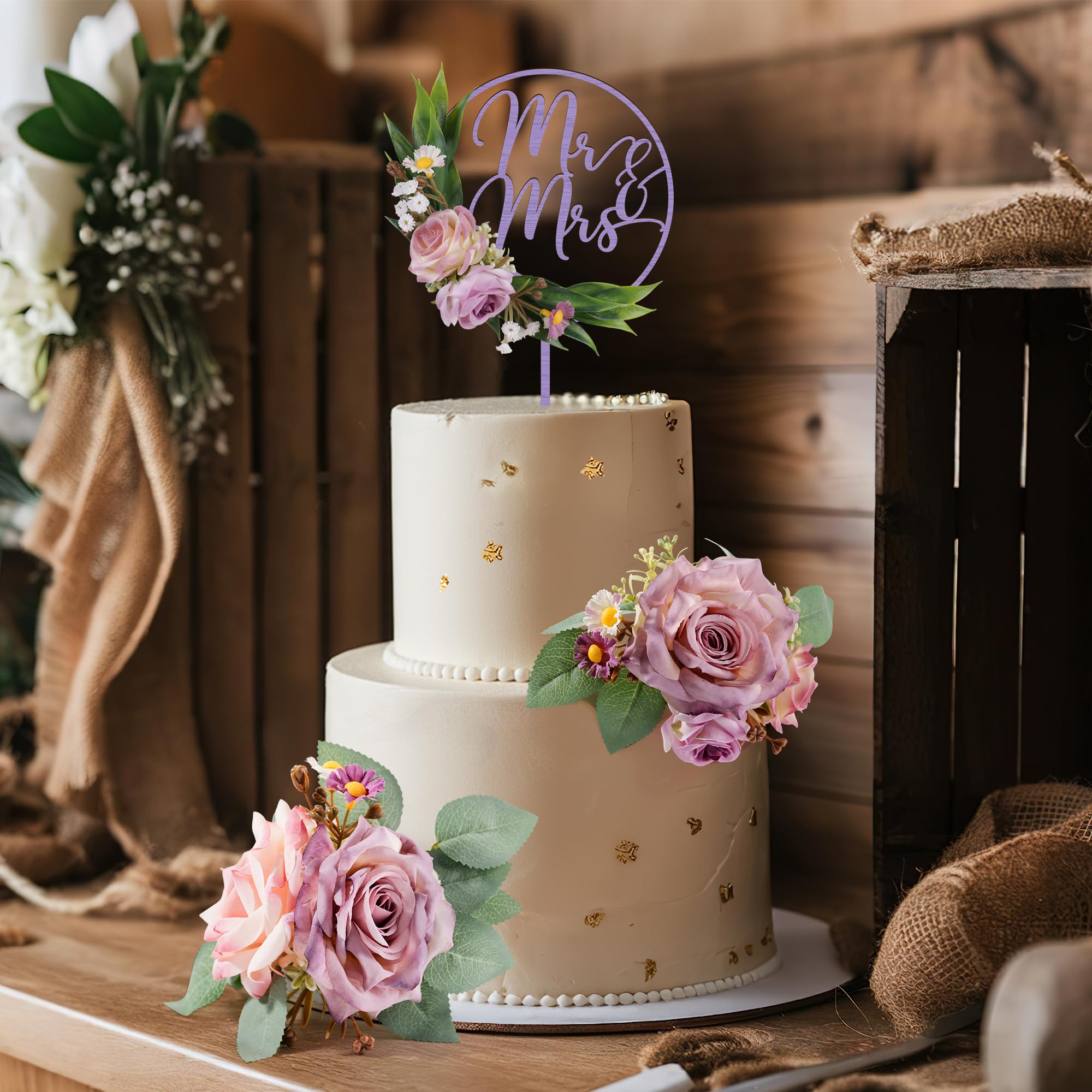 1 Pièce Bois Mr&Mrs Cake Topper Mariage & 2 Pièces Roses Violette‌s 3D Fleurs Artificielles Décoration Gâteau Mariage（Violet‌）