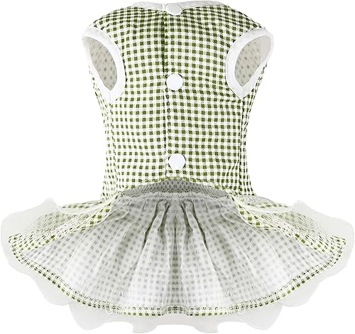 Miniatura 2 de Vestido para perro a cuadros con lazo, bonito vestido para perro pequeño, gato, cachorro con correa de arnés (verde, M)