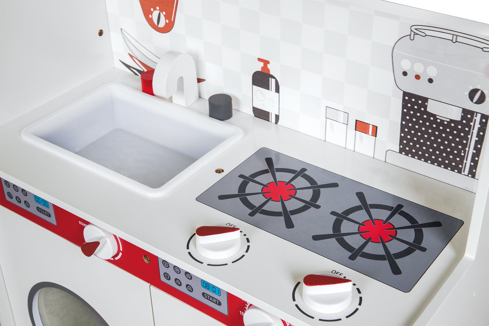 roba Grande Cuisine Enfant en Bois - Plaque de Cuisson + Micro-Ondes + Réfrigérateur + Lave-Linge et Autres - Gris / Blanc