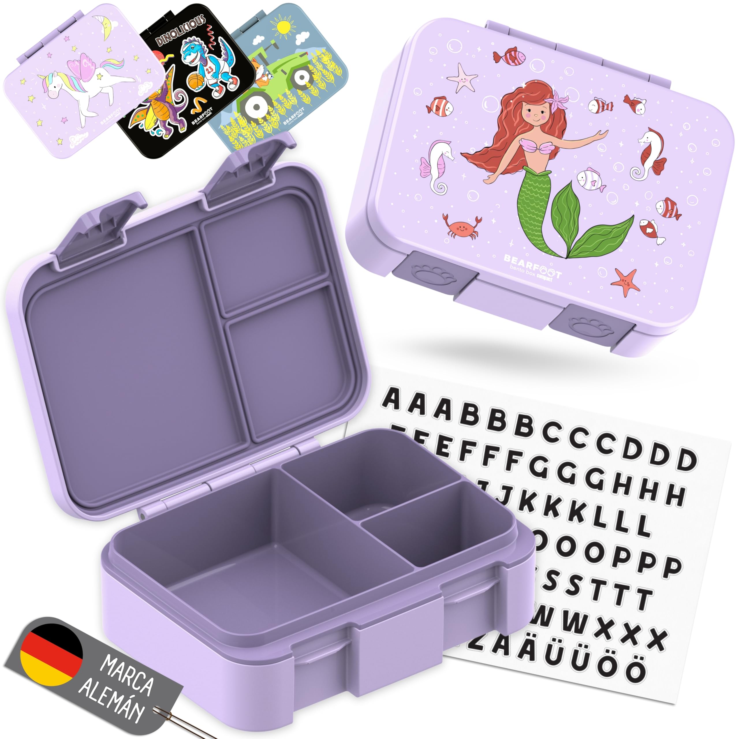 BEARFOOT – Fiambrera Infantil Compacta, Bento Box para Niños sin BPA, Lonchera con Compartimentos para Colegio y Guardería, Ligera y Hermética (Sirena Morado, 650 ml)