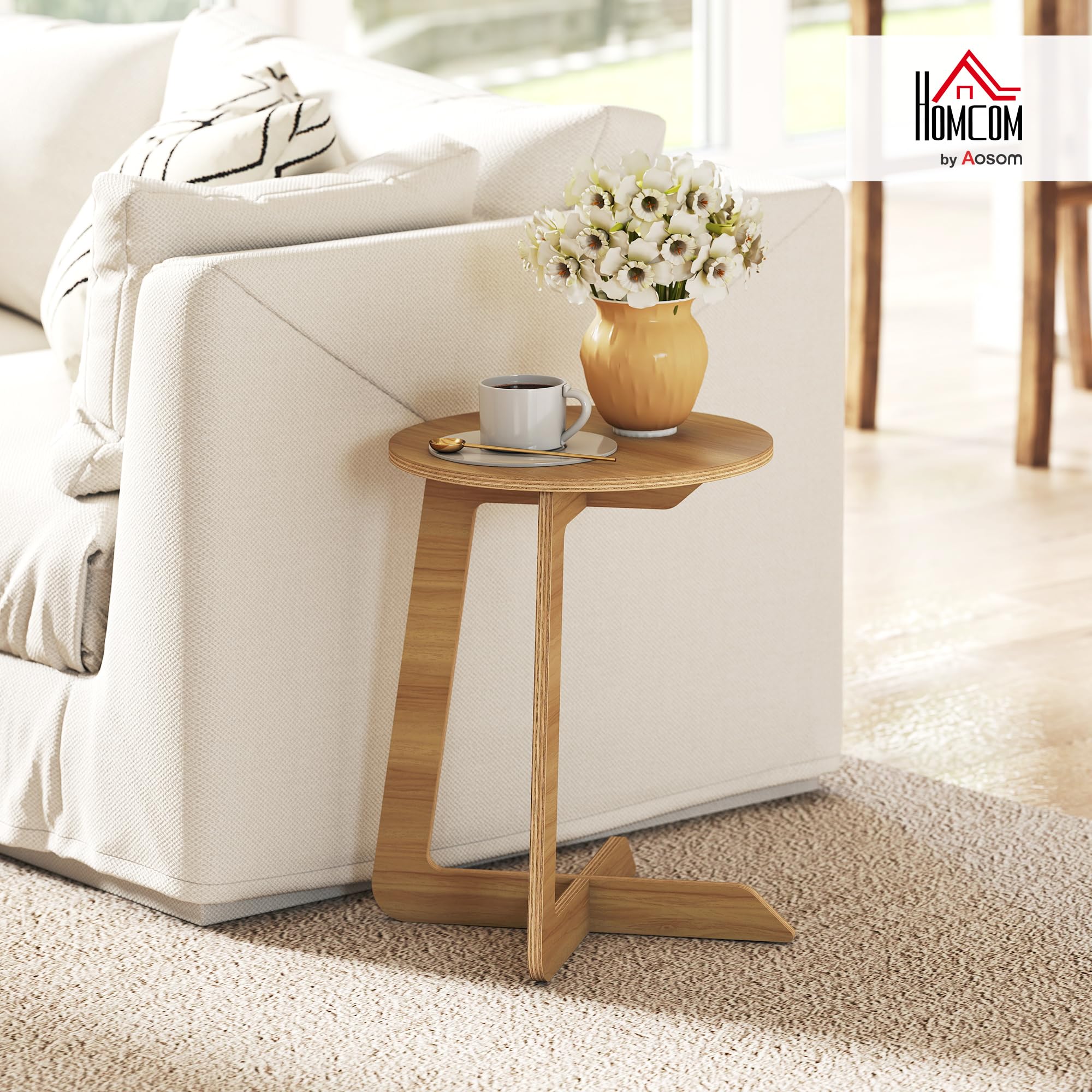 HOMCOM Mesa Auxiliar en Forma de C Montaje Rápido Salón Dormitorio Natural | Mesita Auxiliar Redonda, para Espacios Pequeños