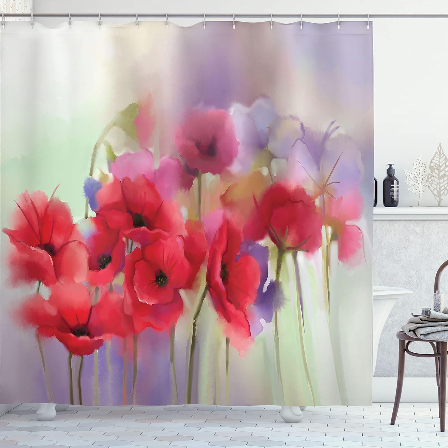 Ambesonne Flower Shower Curtain, Poppy Flowers Blur Spring Floral Seasonal Romantic Illustration Print, Cloth Fabric Bathroom Decor Set with Hooks, 69" W x 84" L, Lavender and Red