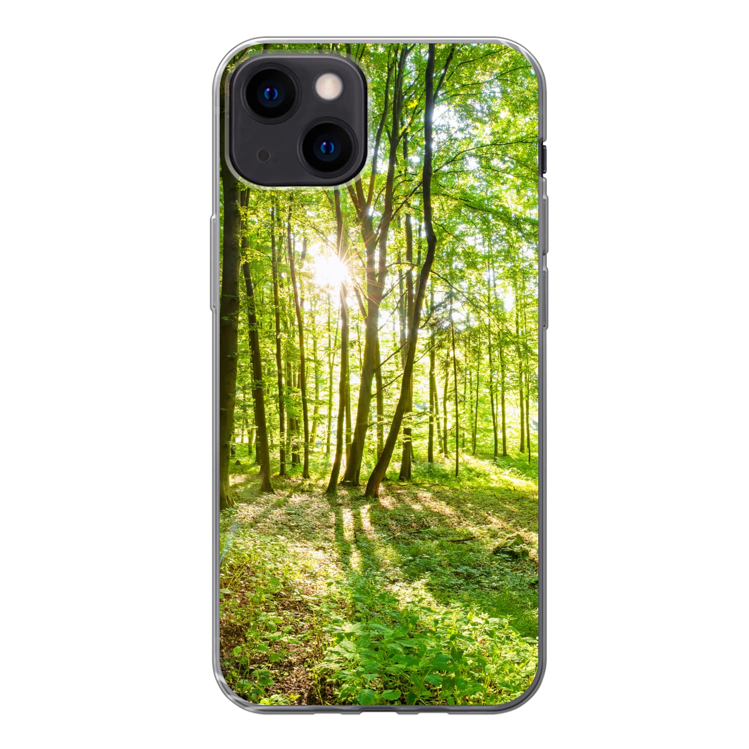 MuchoWow Funda para iPhone 13 - Naturaleza - Árboles - Bosque - Verde - Luz Solar - Funda de Silicona/Funda Blanda para teléfono móvil
