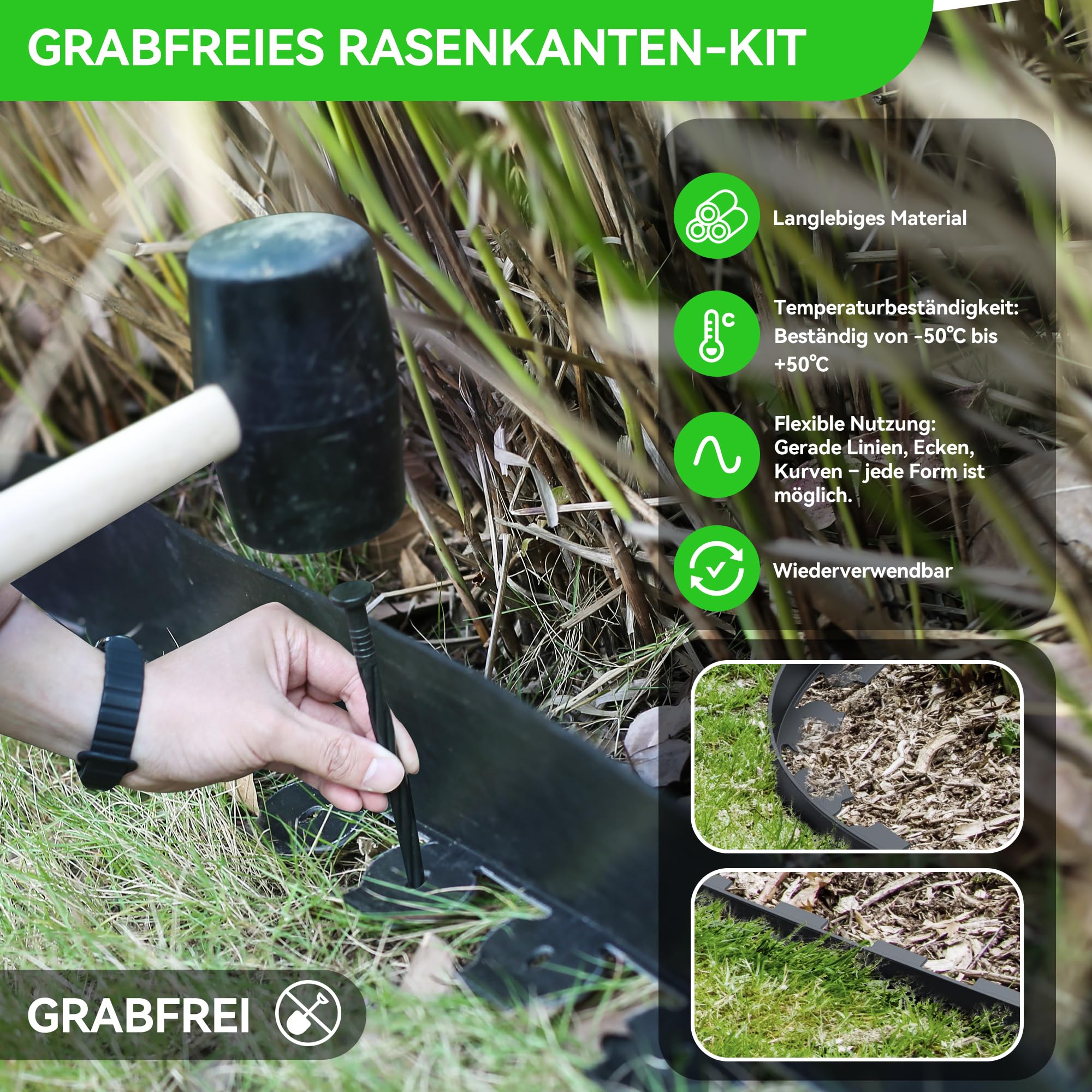 10cm Hoch 12m Kein-Graben Rasenkante mit 60 Stück 20cm Kunststoff Erdanker & 4 Verbindungsstücke – Garten Rasenkanten-Set mit Schere für Landschaftsbau, Rasen, Blumenbeete und Garten