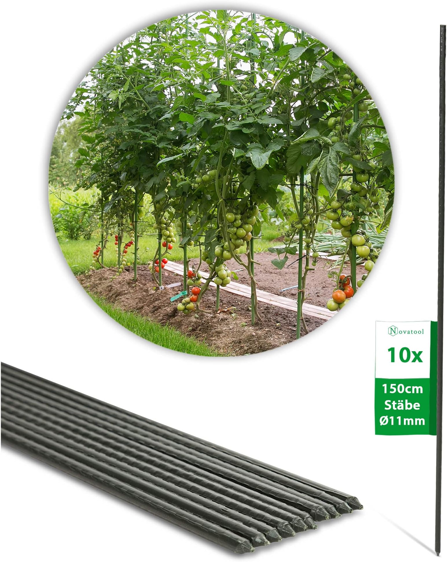 Toboli 10x Pflanzstäbe Grün 150cm Ø11mm Metall Kunststoff Rankstäbe für