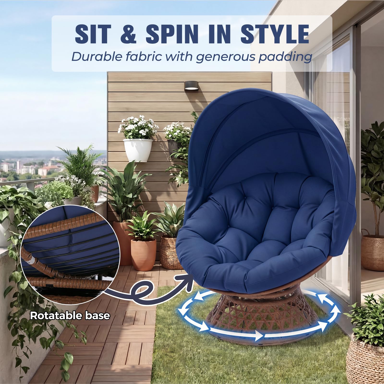 COMHOMA Poltrona da papasan, comoda poltrona girevole con cuscino rotondo, comoda poltrona in rattan, girevole, in vimini, per soggiorno, angolo lettura, lounge – blu