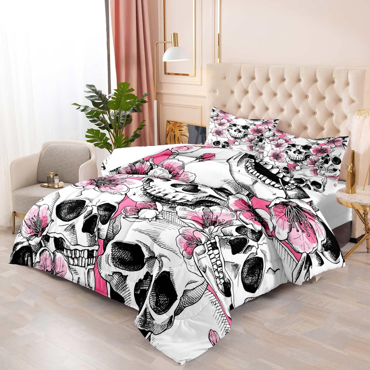 LUVIVIHOME 3PCS Skull Comforter Set Queen Size, Gothic Bedding Sets, White Quilt, Skeleton Pink Cherry Blossoms Sakura Floral Room Decor for Women Men Kids Boys Girls Bedroom Decor, 2 Pillow Shams
