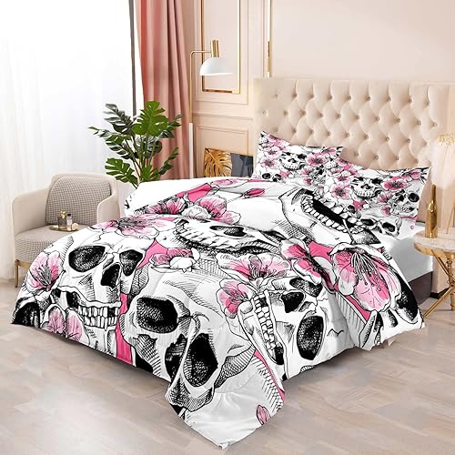 Miniatura 3 de LUVIVIHOME Juego de edredón de 3 piezas con diseño de calavera, juego de ropa de cama gótico, edredón blanco, esqueleto, rosa, cerezo, flores,