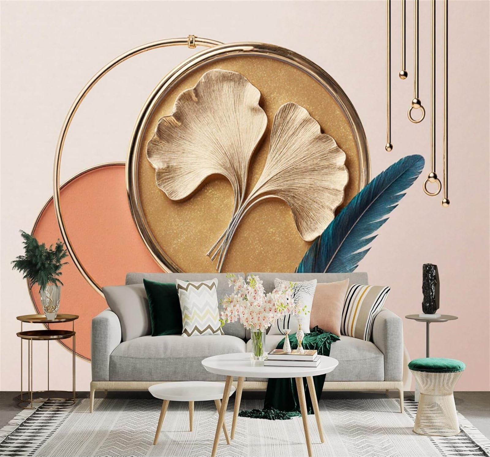 XLMING Golden Ginkgo Leaves Feathers Pearls Abstract Art 3D Wallpaper Silky Texture Home Study Office Grey Dining Room Sofa Bedroom Living Room TV Backdrop-200cm×140cm