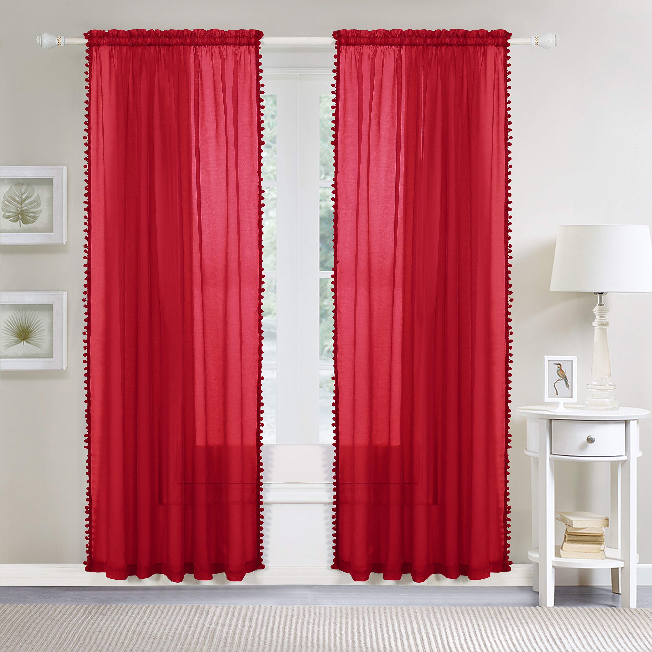 Elegant Comfort Semi-Sheer Pom Pom Tassels Curtains, 2 Panels Set, with 2inch Rod Pocket - Image 2