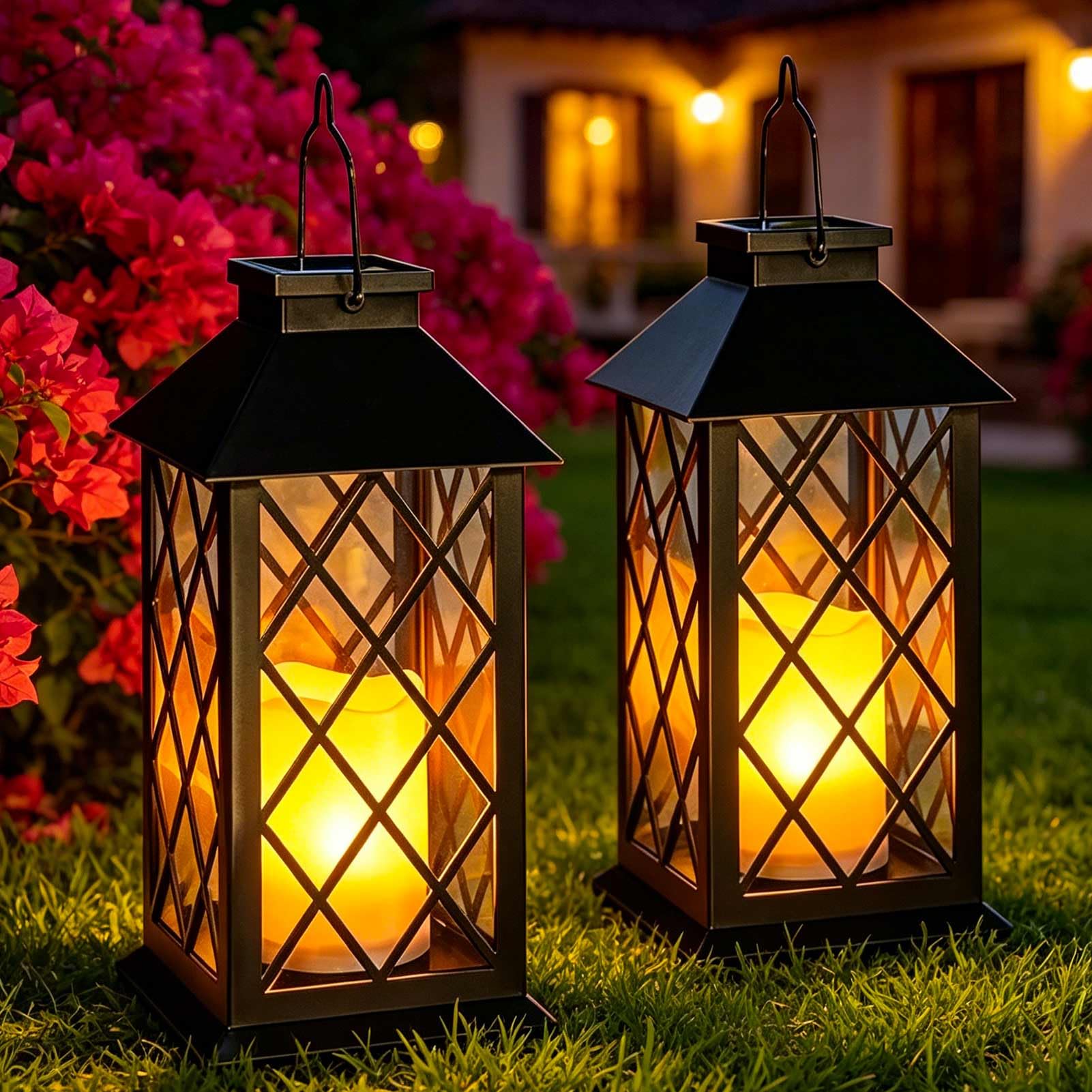 Cozymeow Farolillos Solares Exterior, 2 Piezas Vidrio Templado Lamparas Solares Exterior Jardin con Vela Parpadeante, Vintage Farol Solar Impermeable para Decoracion Terraza, Valla Regalo Tumba,Negro