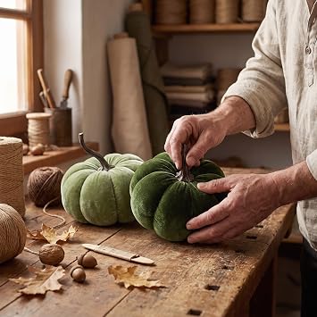 FRANK FLECHTWAREN Decorative Pumpkin Green Set of 2 Velvety Textile