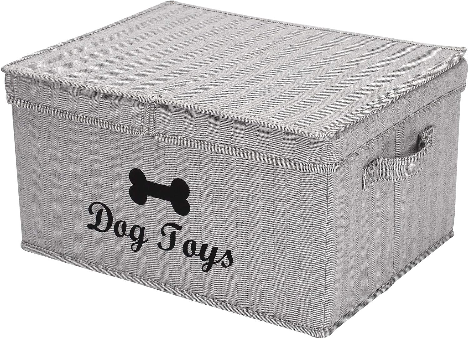 Geyecete- Grandes Tela Caja de almacenaje Plegable para Perro Juguete para Perros, con Tapa, Contenedor para Juguetes/Ropa/Accesorios para Perro mascota-42 x 31 x 22cm-Rayas Gris