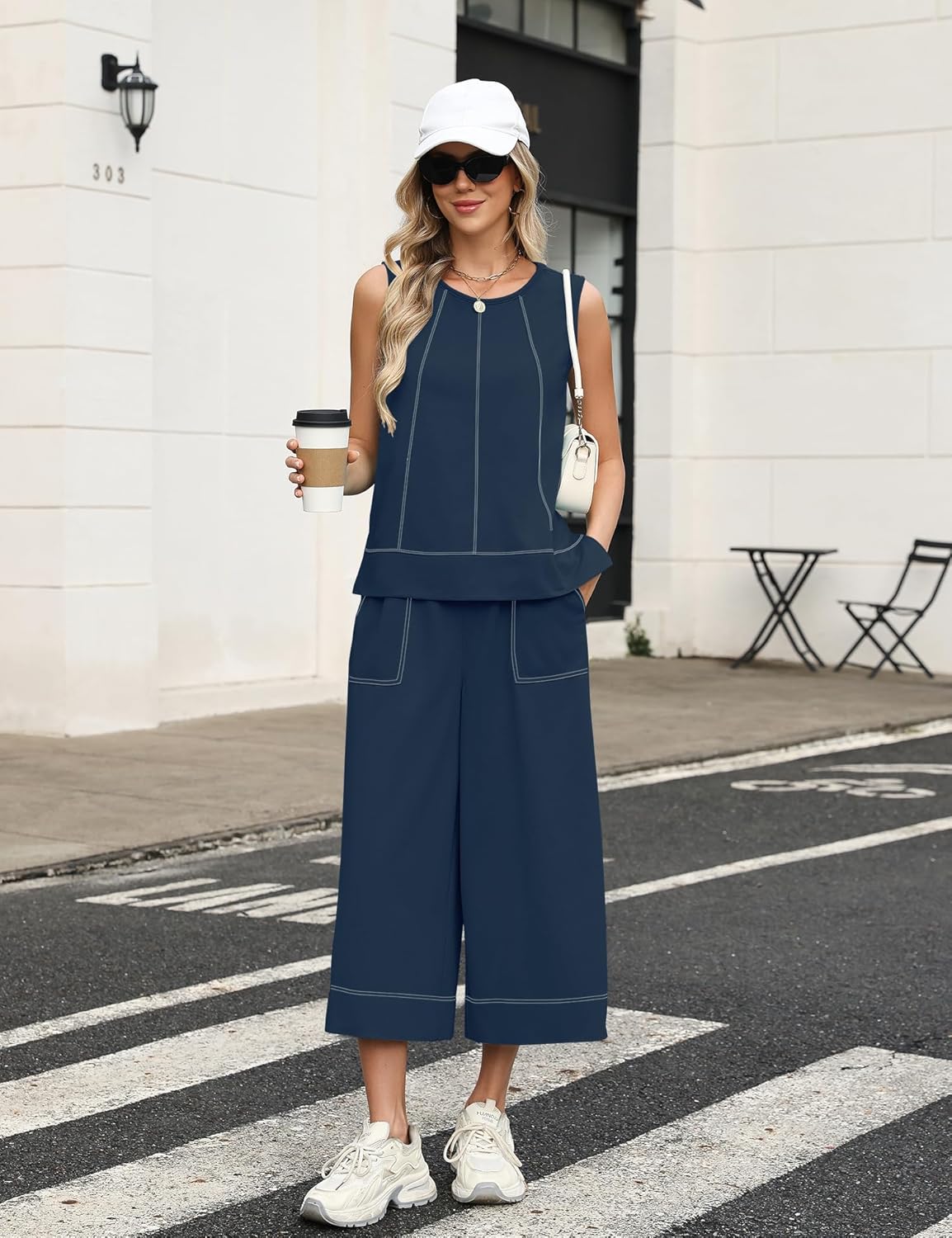 LOMON Two Piece Sets for Women Summer Outfits Sleeveless Tank Tops Wide Leg Crop Pants Matching Lounge Vacation Travel