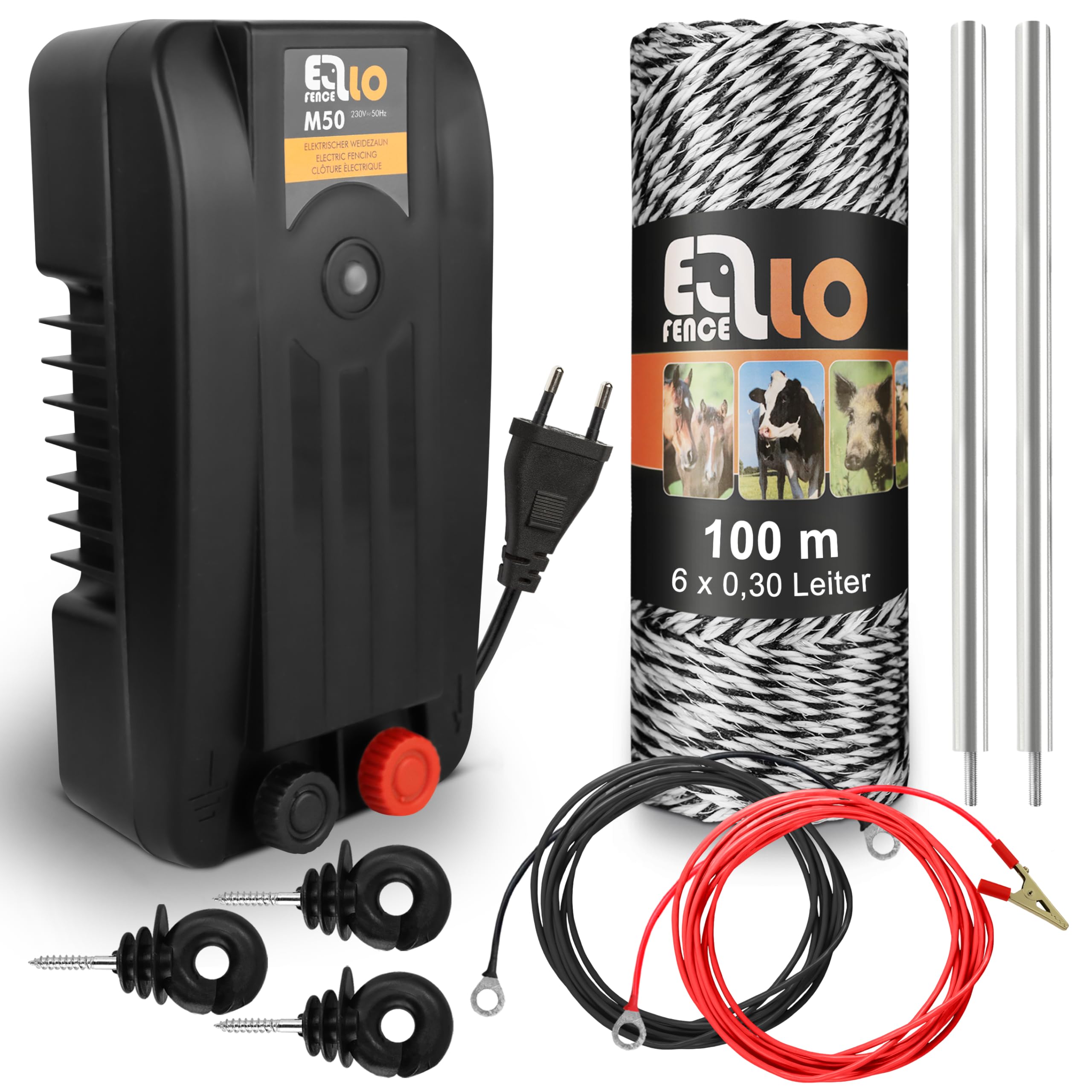 Weidezaun Starter Set XS - Premium Weidezaungerät inkl. 100m Litze, Ringisolatoren & Erdung - Komplettset für Stromzaun - Für Hunde, Katzen & Kleintiere geeignet
