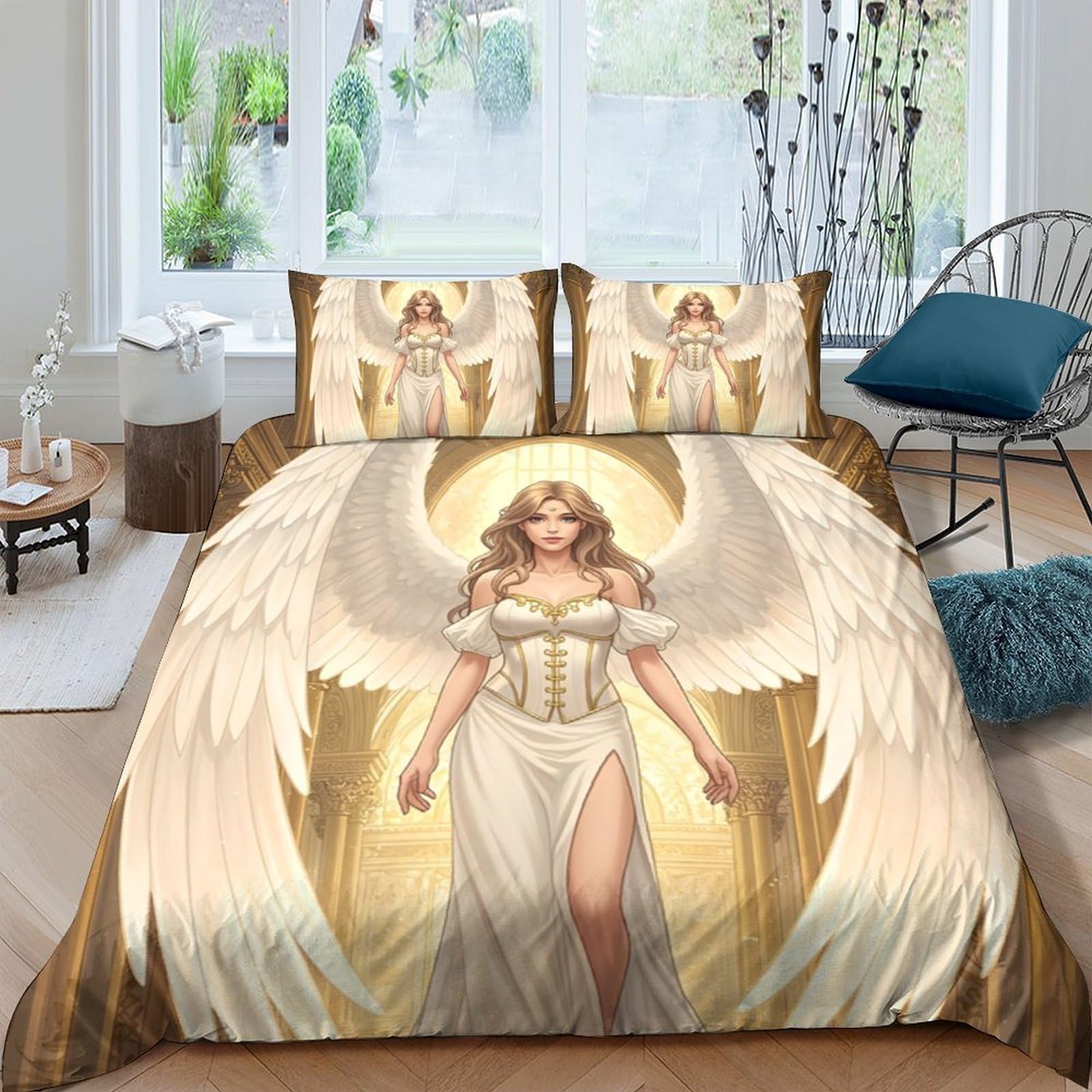 Ctjqhvkz Style-7 3D Printed Angel Wings Fitted Sheet Microfiber Soft White Gold Goddess Bed Cover Slip Resistant For Bedroom Decor Single（135X200cm）