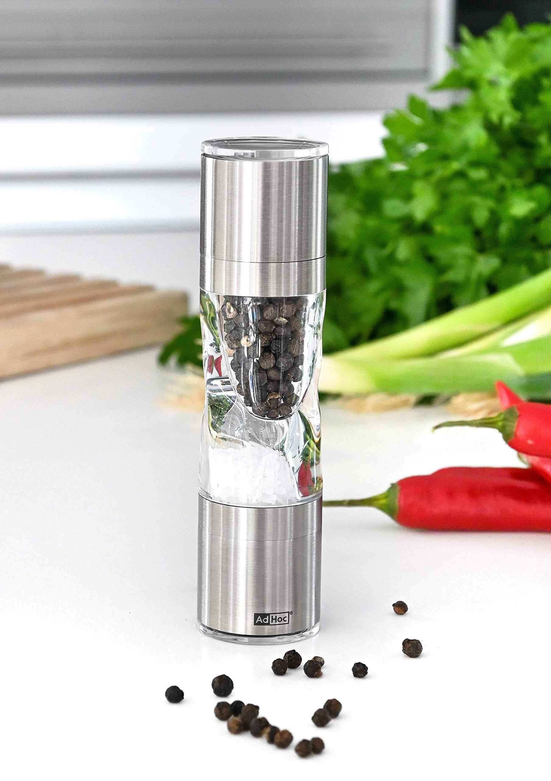 AdHoc DUOMILL, dubbele molen voor peper en zout, keramische maalwerken CeraCut®, roestvrij staal acaciahout/kunststof, D: 5,5 cm, H: [W AdHoc DUOMILL, dubbele molen voor peper en zout, keramische maalwerken CeraCut®, roestvrij staal acaciahout/kunststof, D: 5,5 cm, H: [W