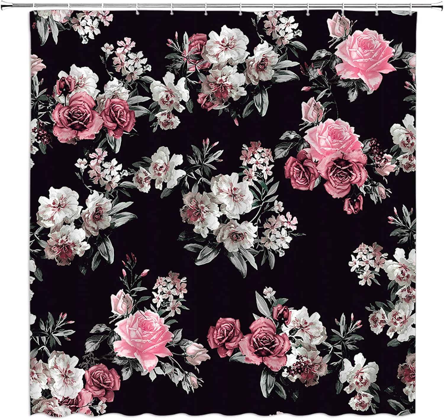 Black Floral Shower Curtain Retro Boho Blossom Pink Rose Flowers
