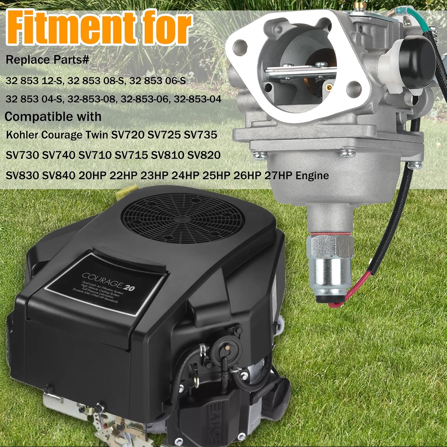 SV725 Carburetor for Kohler Courage 23 24 25 26 27 hp SV730 SV735 SV710 SV715 SV740 SV720 SV810 SV820 22HP Engine Replace for 32 853 12-S 32-853-08 32-853-06 32-853-04 with Air Filter Tune Up Kits