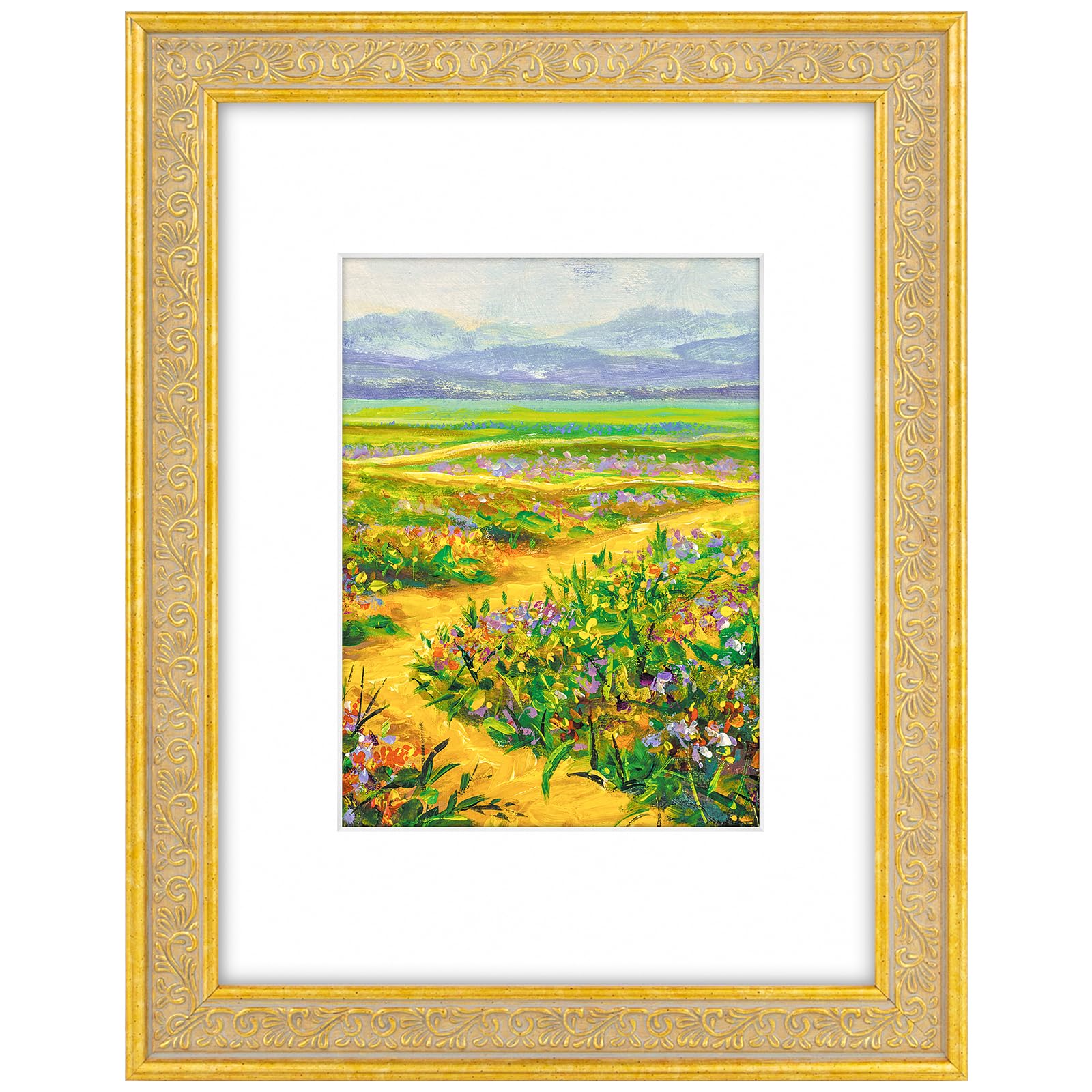 Golden State Art, 9X12 Ornate Vintage Photo Frame with White Mat for 6X8 Pictures or 9X12 Without Mat, Distressed Gold Color