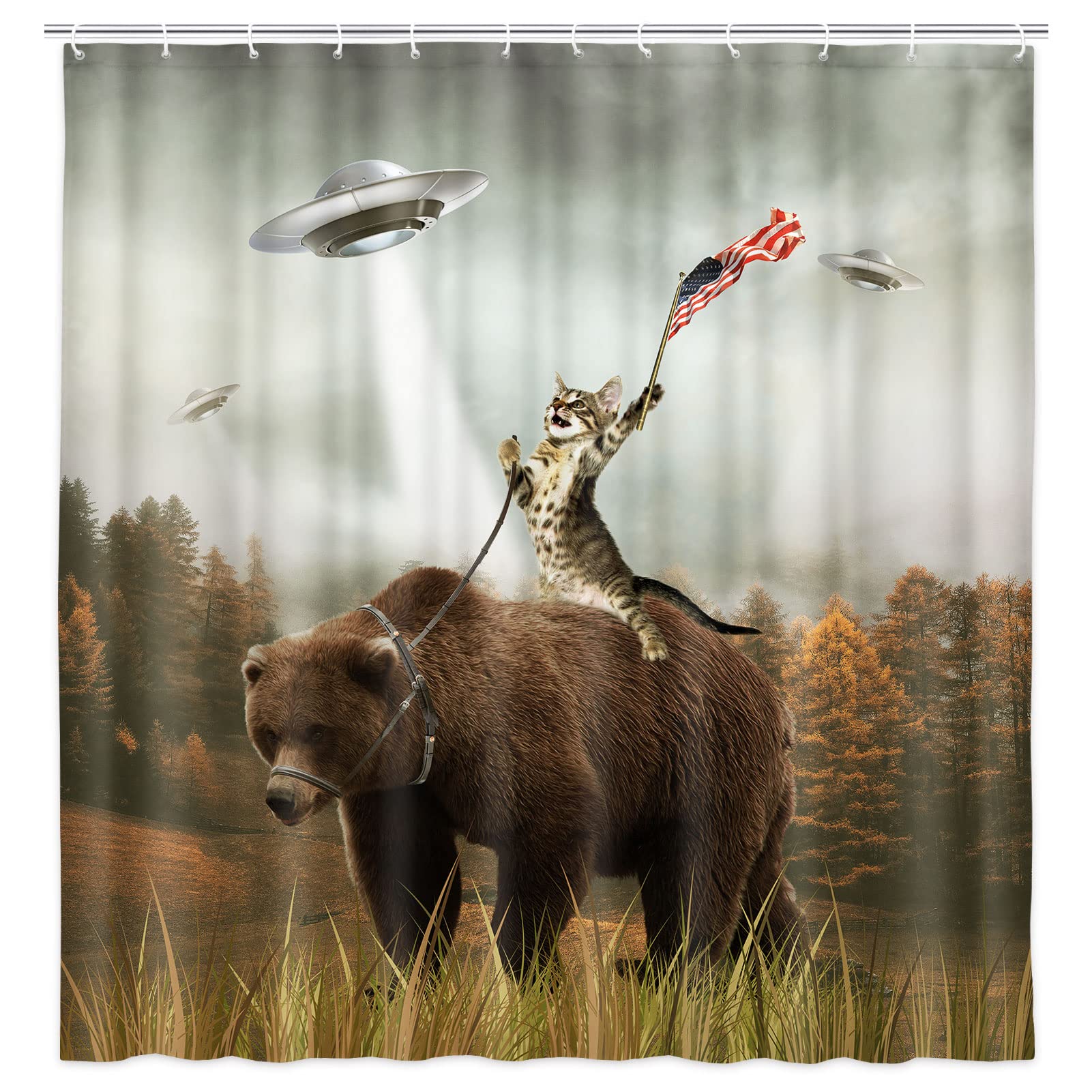 bzwcbei Funny Shower Curtain, Cat Riding Bear in Forest Cabin Hungting UFO Bathroom Shower Curtain Set, Shower Curtains Liner with Hooks, 48x70inches