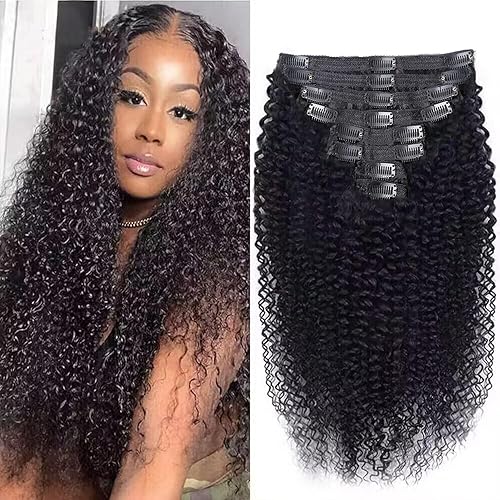 Cecycocy Extensiones de cabello humano rizado con clip para mujeres negras 8 piezas 18 clips de doble trama cabello humano Remy brasileño 3C 4A