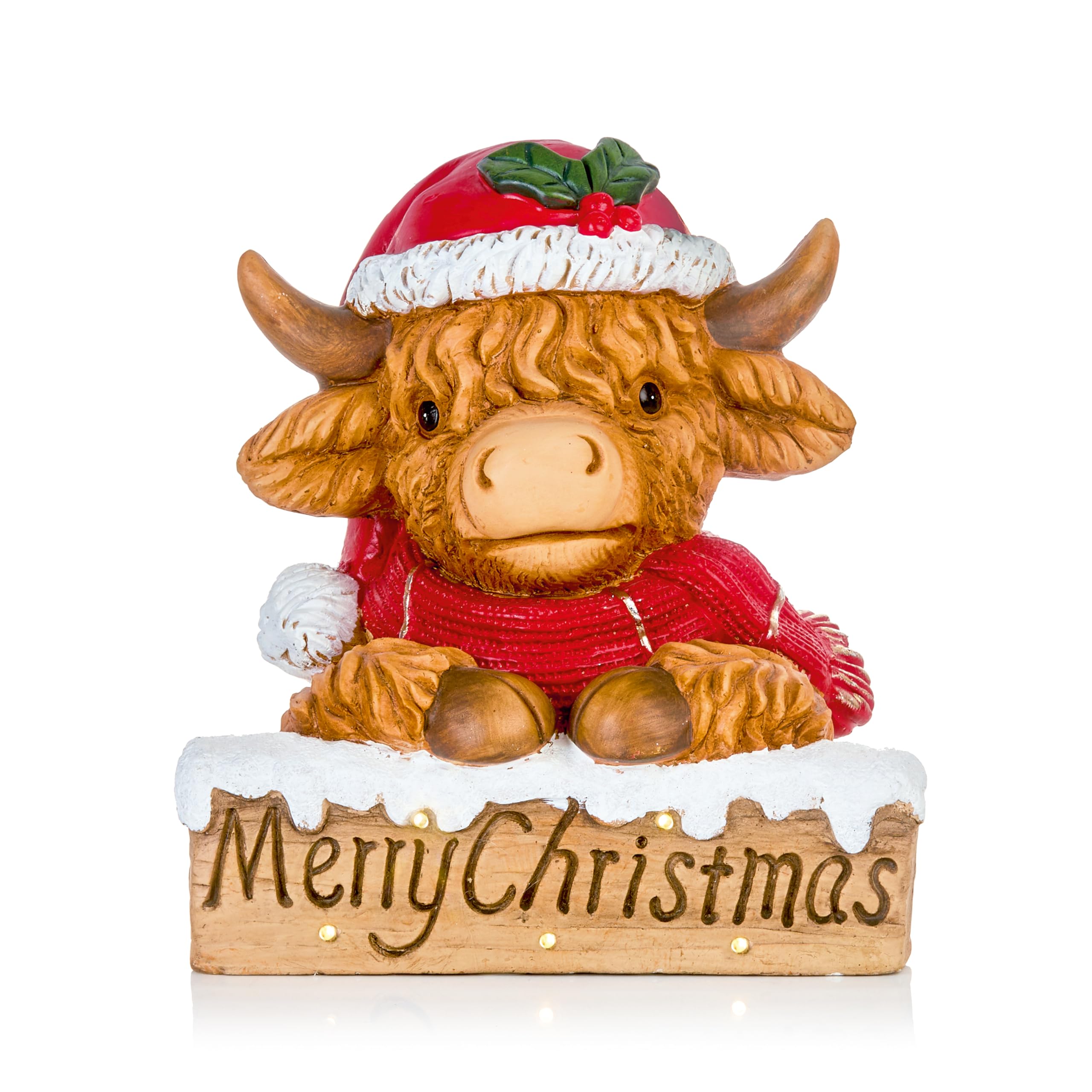 Premier Multicolour 31Cm Lit Highland Cow Christmas Ornament – Battery Operated Figurine With Led Welcome Sign & Festive Santa Outfit