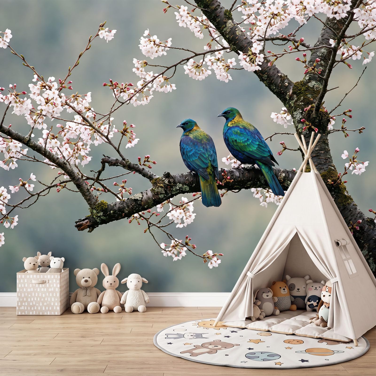 Landschaft Tiere Vögel Kirschblüten panoramiczna tapeta dla chłopców dziewcząt, 350 x 256 cm szary zielony gigantyczny plakat ścienny 3D, dekoracja ścienna premium do salonu, sypialni dorosłych