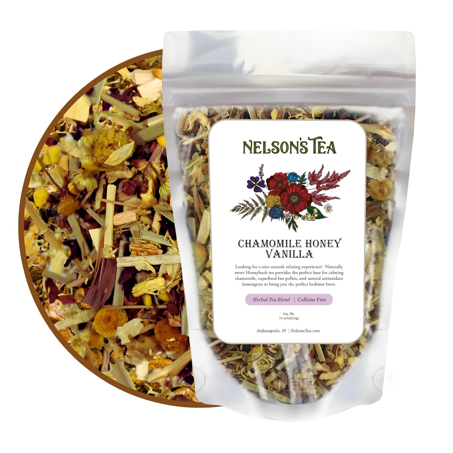 Nelson’s Tea Chamomile Honey Vanilla – Herbal Loose Leaf Tea, Curated Blend with Honeybush, Chamomile, Lemongrass, Licorice Root, Toasted Coconut, and Bee Pollen – Perfect for Bedtime Brew (16 oz)
