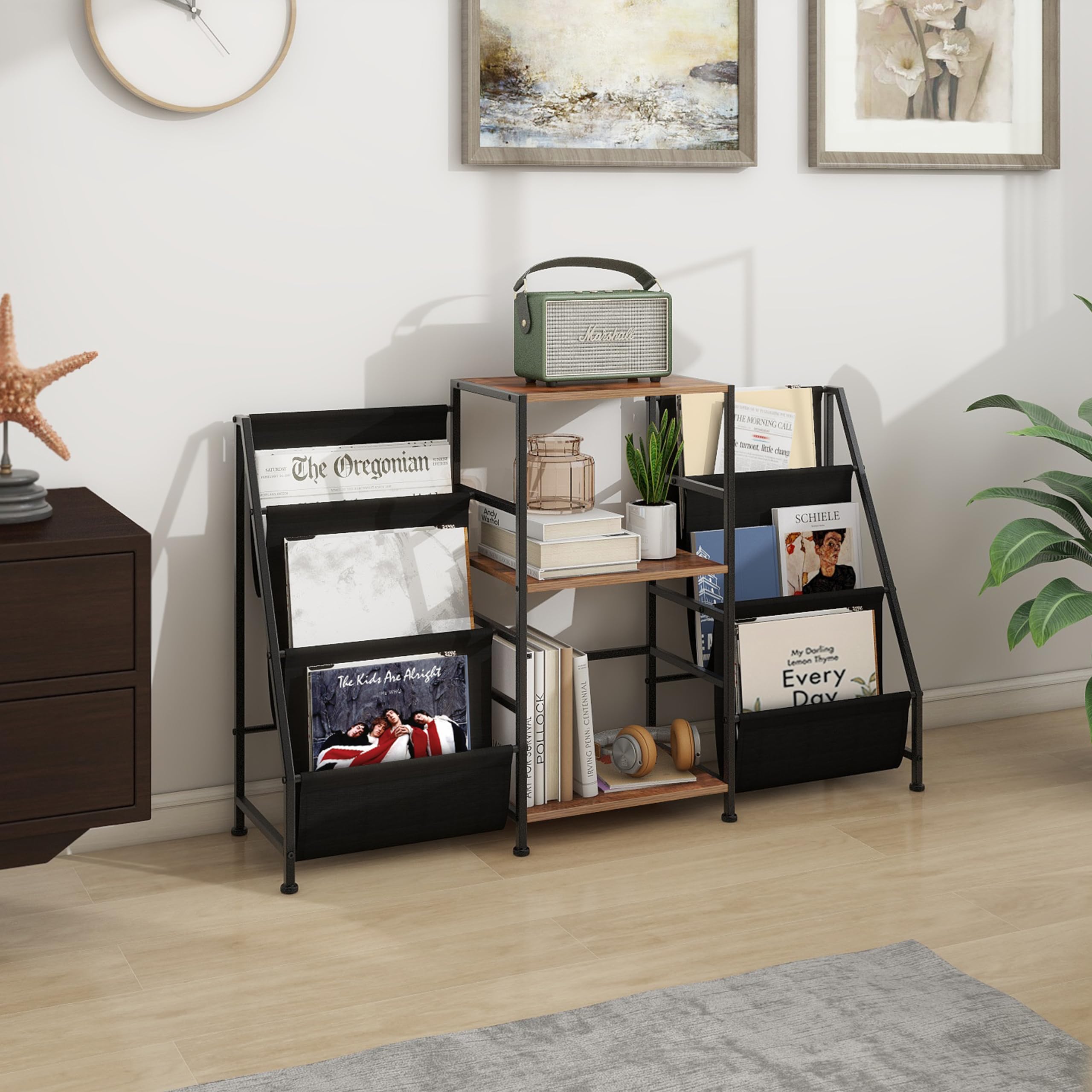 VEDECASA - Libreria con 3 ripiani per libri, tavolo laterale con scaffale a 3 livelli, porta dischi in vinile, porta dischi per soggiorno, con lettore vinile, per un massimo di 200 album