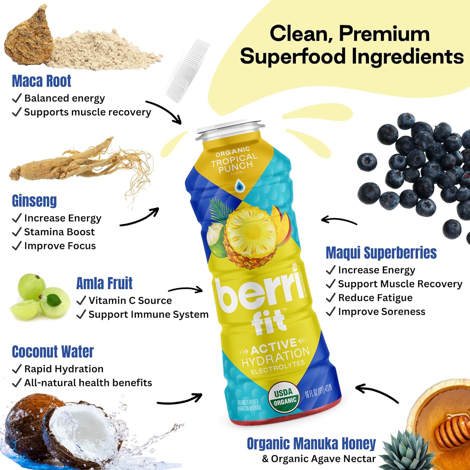 Berri Fit Hydration - Organic Tropical Fruit Flavor Natural Sports Drink - Plant-Based Electrolyte Beverage – Low Calorie, Paleo Coconut Water Solution, 16oz, 12ct… - Image 6