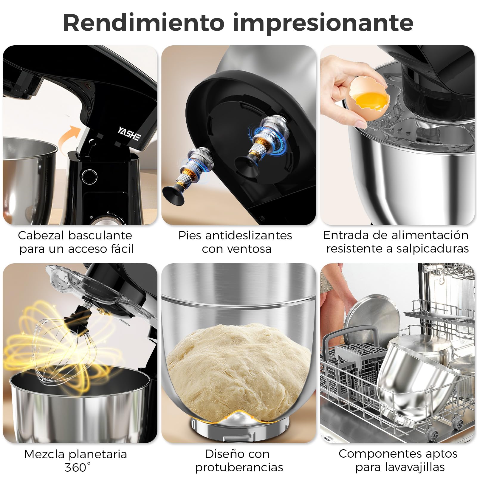 YASHE Batidora Amasadora 1500W, 4,5 + 5L Doble Bol de Acero Inoxidable, 10+P Velocidades, Movimiento Planetario, Cabezal Inclinable, Gancho para Masa, Batidor y Varillas