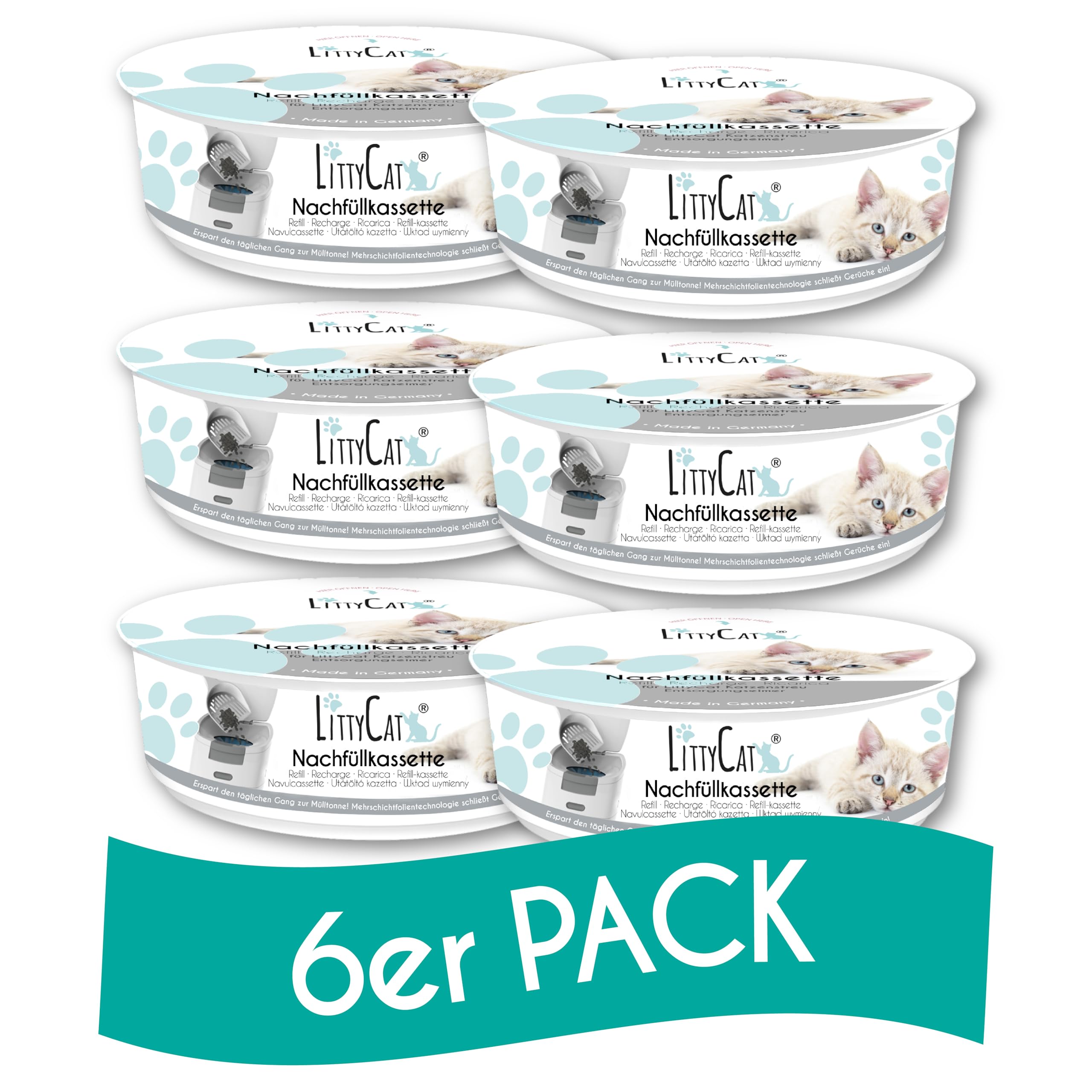 LittyCat® Recharges pour Seau à litière LittyCat (Lot de 6) • Jusqu’à 3 Mois par Cassette • Élimination Propre et sans odeurs de la litière • Système de Gaine pour excréments de Chat