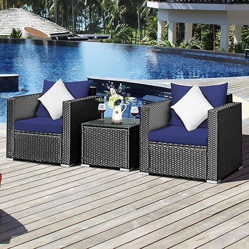 Miniatura 5 de COSTWAY Juego de muebles de mimbre de ratán para patio, mesa de sofá con cojín para patio, color negro