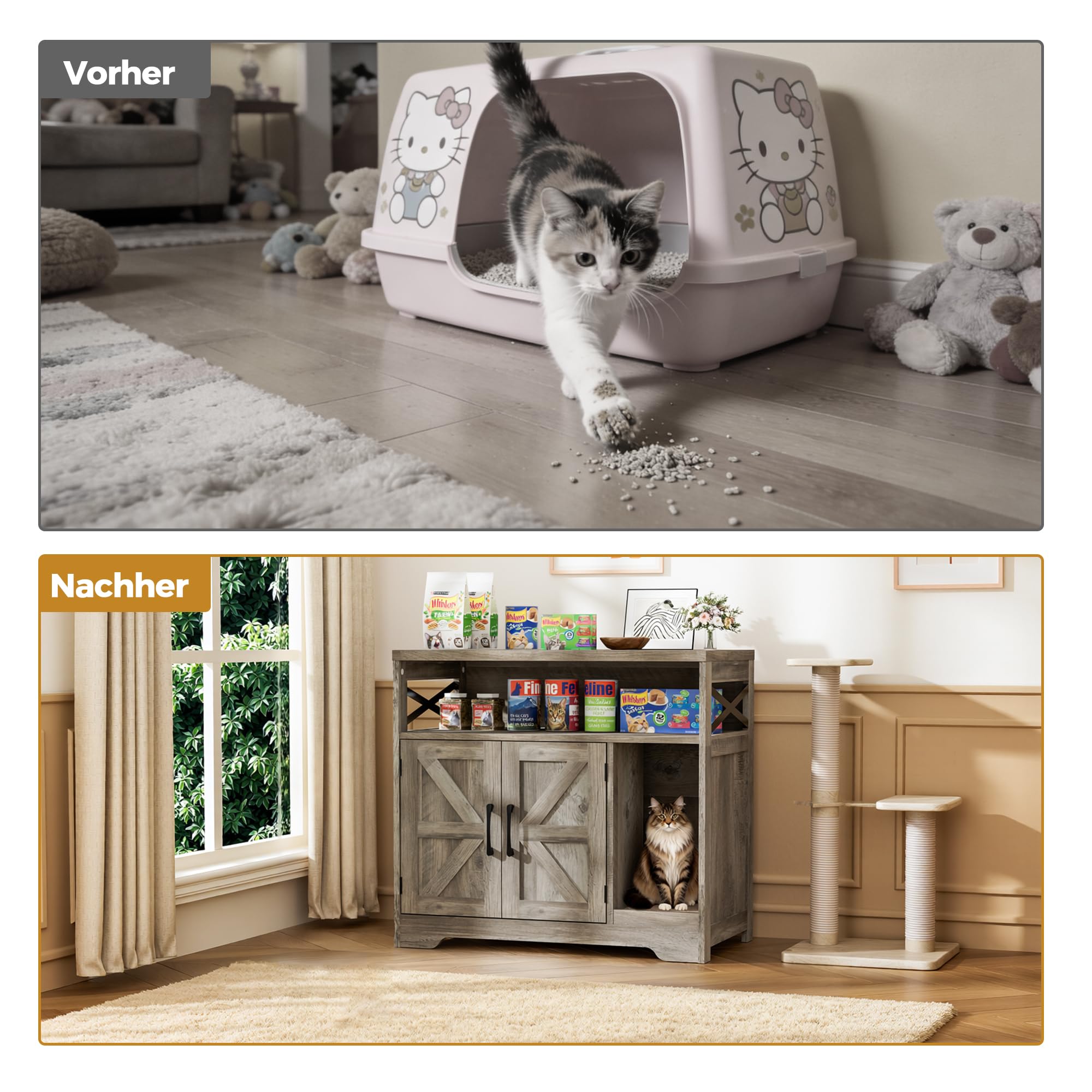 BonVache Katzenklo Schrank, Katzenhaus Holz, Katzenschrank mit Tür, Versteckte Katzentoilette mit Kratzmatte für Katzen, Beistelltisch, 79 x 43 x 72.5 cm, Grau