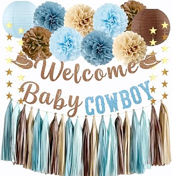 Cowboy Baby Shower Decorations, Welcome Baby Cowboy Banner, Paper Pom Poms, Paper Lanterns, Tassel Garland for Western Rodeo Baby Shower Decor