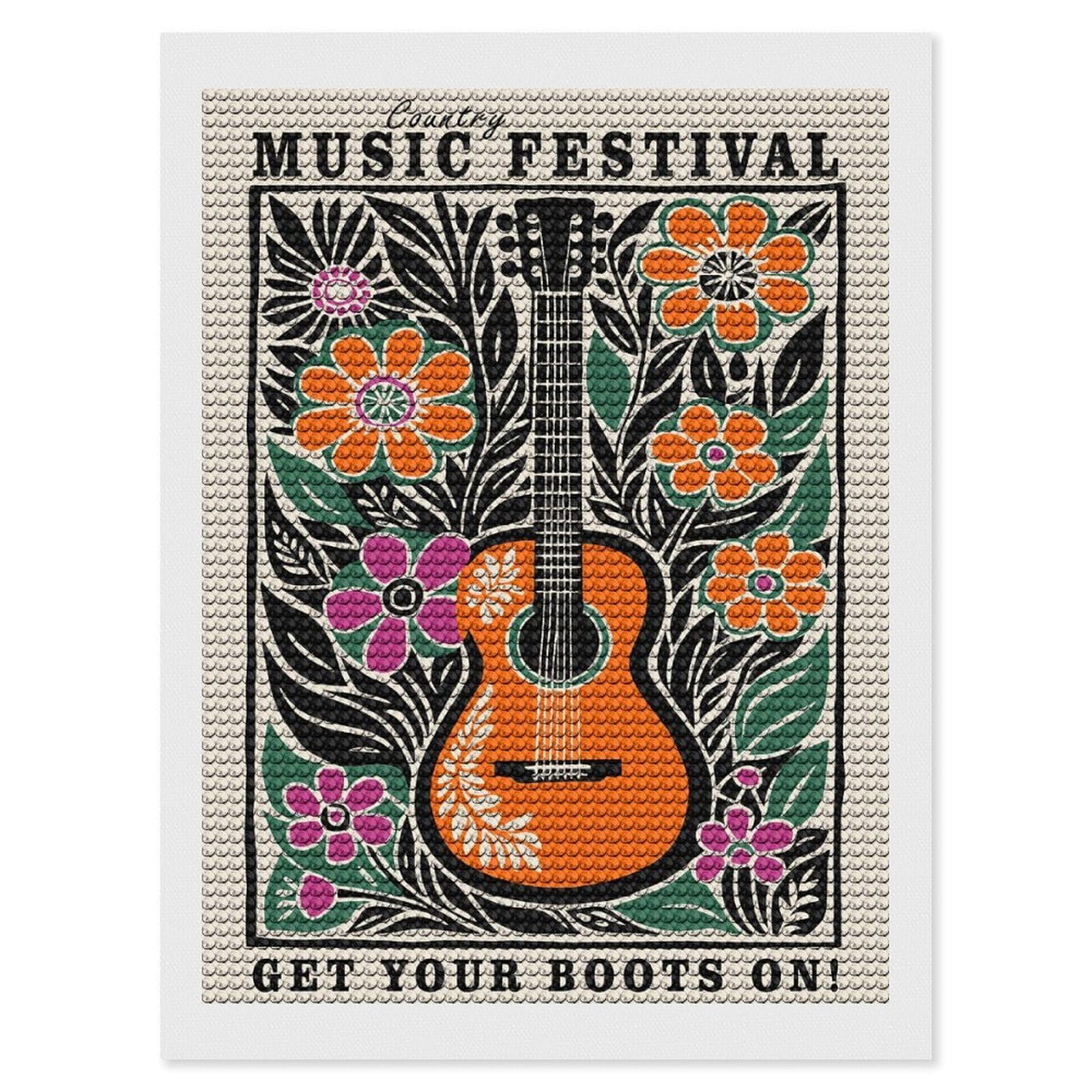 Junmoney Country Music Festival Guitar Floral Art DIY Diamond Art Canvas Kit 12"x16", Decorate Your Room, Sparkling Round Gems, Fun Craft Experience, Farmhouse Decor