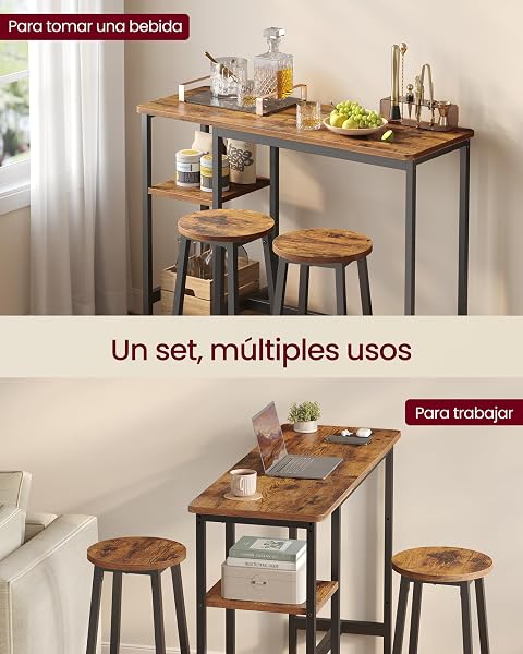 VASAGLE 1 Table with 2 Kitchen Chairs Dining Set with Storage Shelves for Living Room and Kitchen, Steel Frame, Easy Assembly, Rustic Brown and Black Ink LBT220KD01 - 4