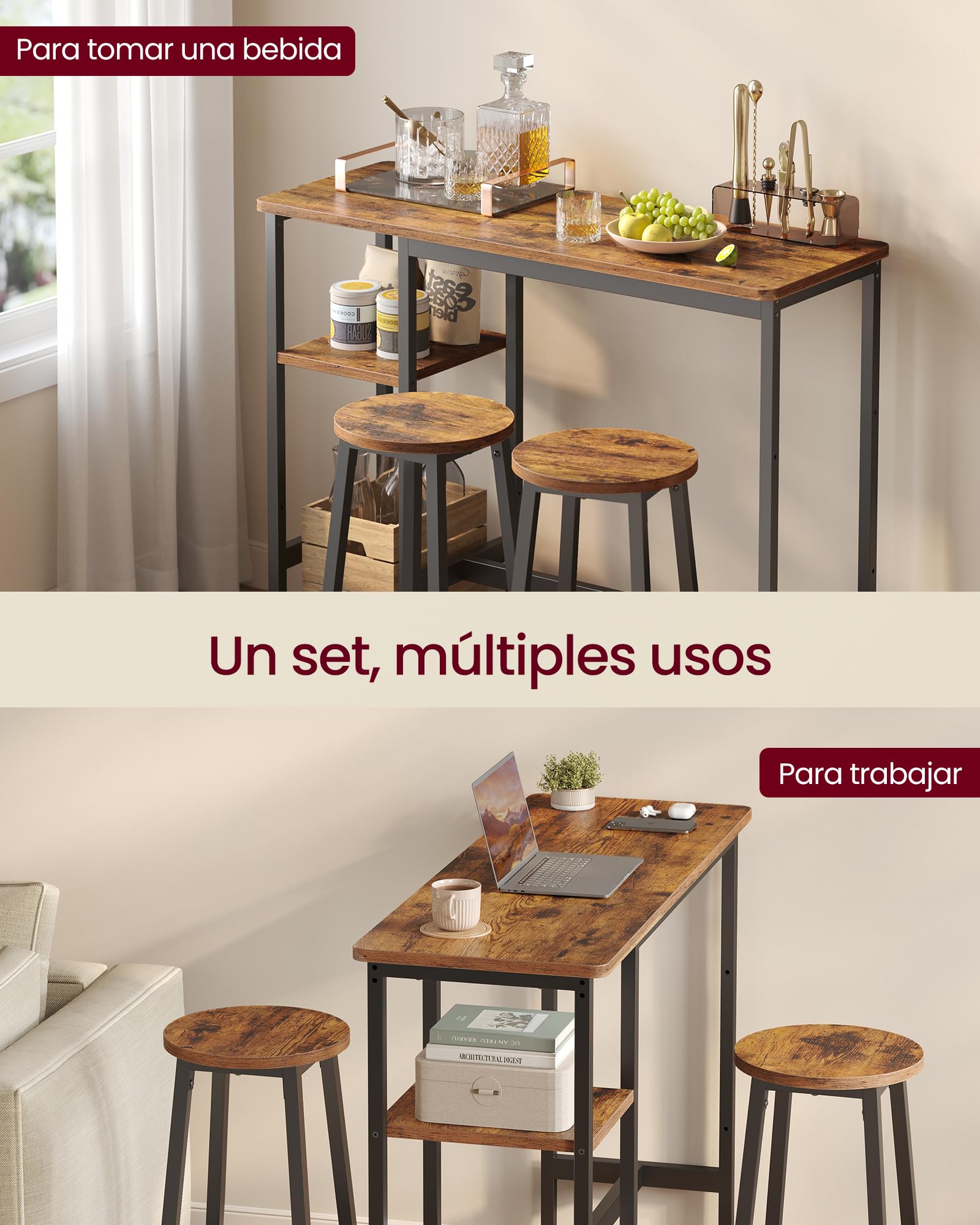 VASAGLE 1 Table with 2 Kitchen Chairs Dining Set with Storage Shelves for Living Room and Kitchen, Steel Frame, Easy Assembly, Rustic Brown and Black Ink LBT220KD01 — view 4