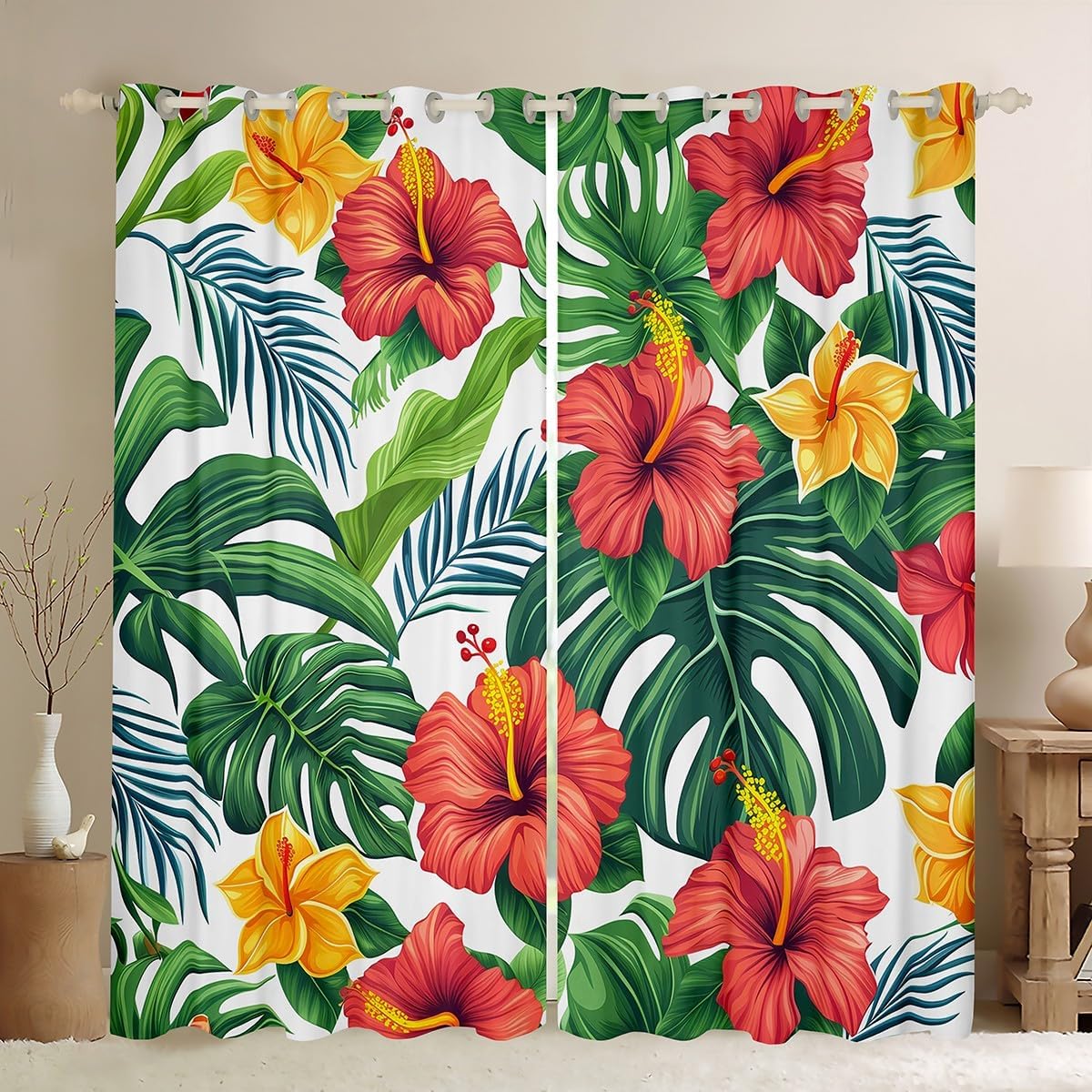 Castle Fairy Summer Tropical Window Curtains Teens Adult Women,Fresh Floral Curtain for Bedroom,Rainforest Draperies for Living Room,Green Palm Leaves Window Treatment Drapes Set of 2 Panels,42Wx90L