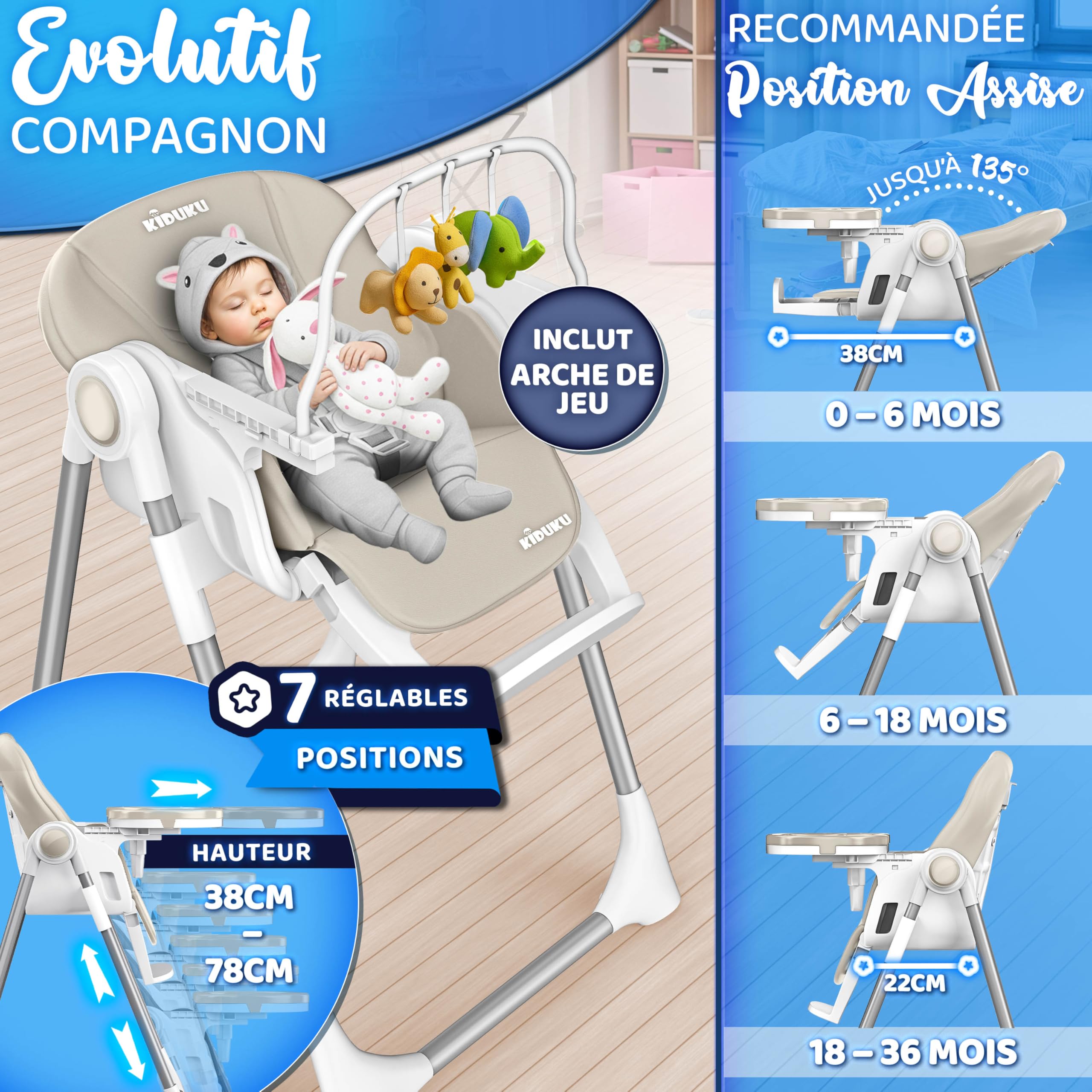 KIDUKU® Chaise Haute Bébé 3en1 avec Réducteur Nouveau-né & Bavoir | Chaise d'alimentation Évolutive Pliable avec Arche de Jeu | Chaise Haute Réglable en Hauteur 7 Positions pour 0-36 Mois (Beige)