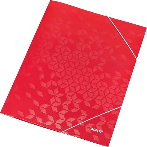 Leitz WOW 39820026 A4 Corner Folder 3 Flap Folder for up to 150 Sheets Elastic Closure Document Folder Made of Strong Cardboard with Laminated Surface Ideal for Office & School Red