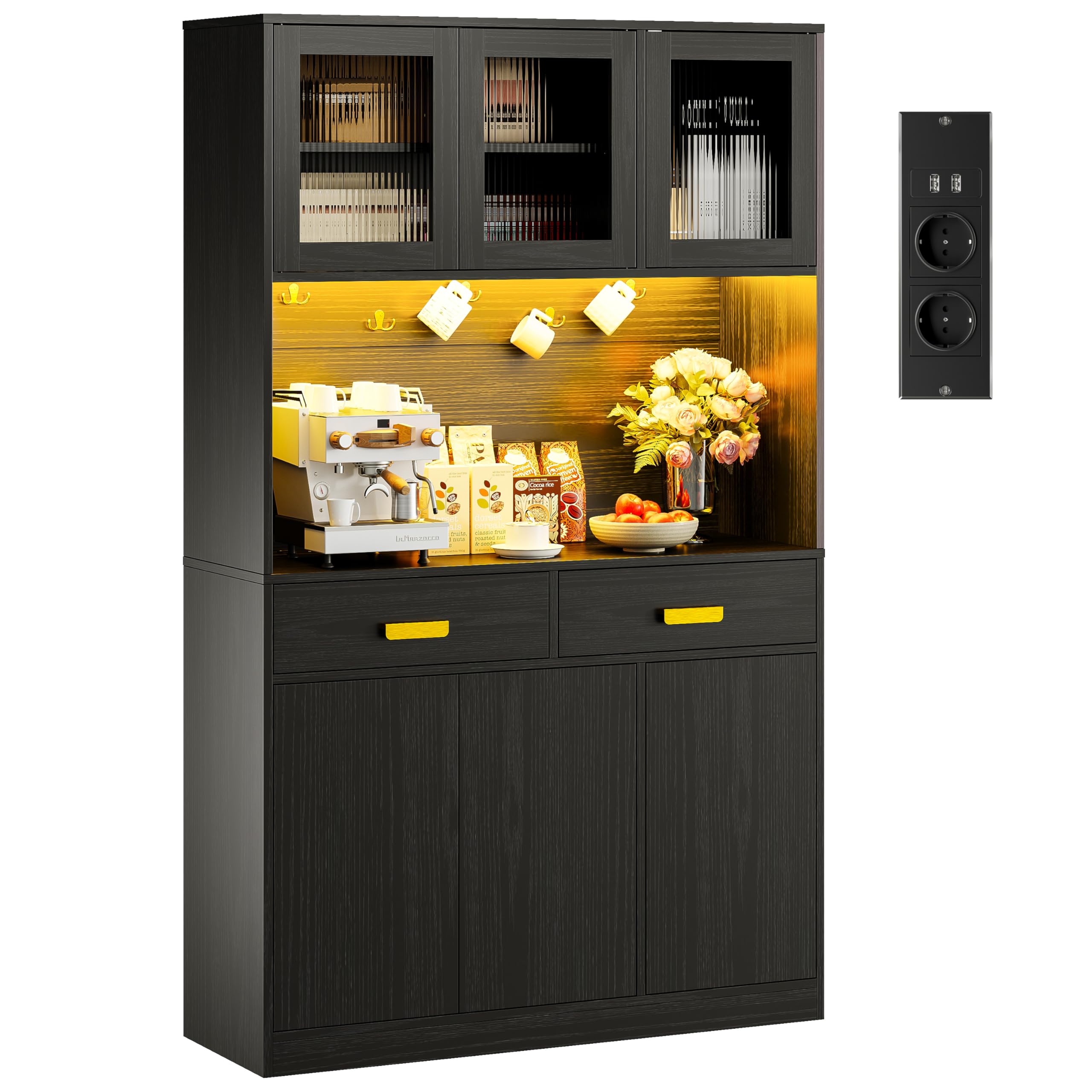 IRONCK Küchenschrank mit Arbeitsplatte, Küchenbuffet mit Steckdose, Schwarz